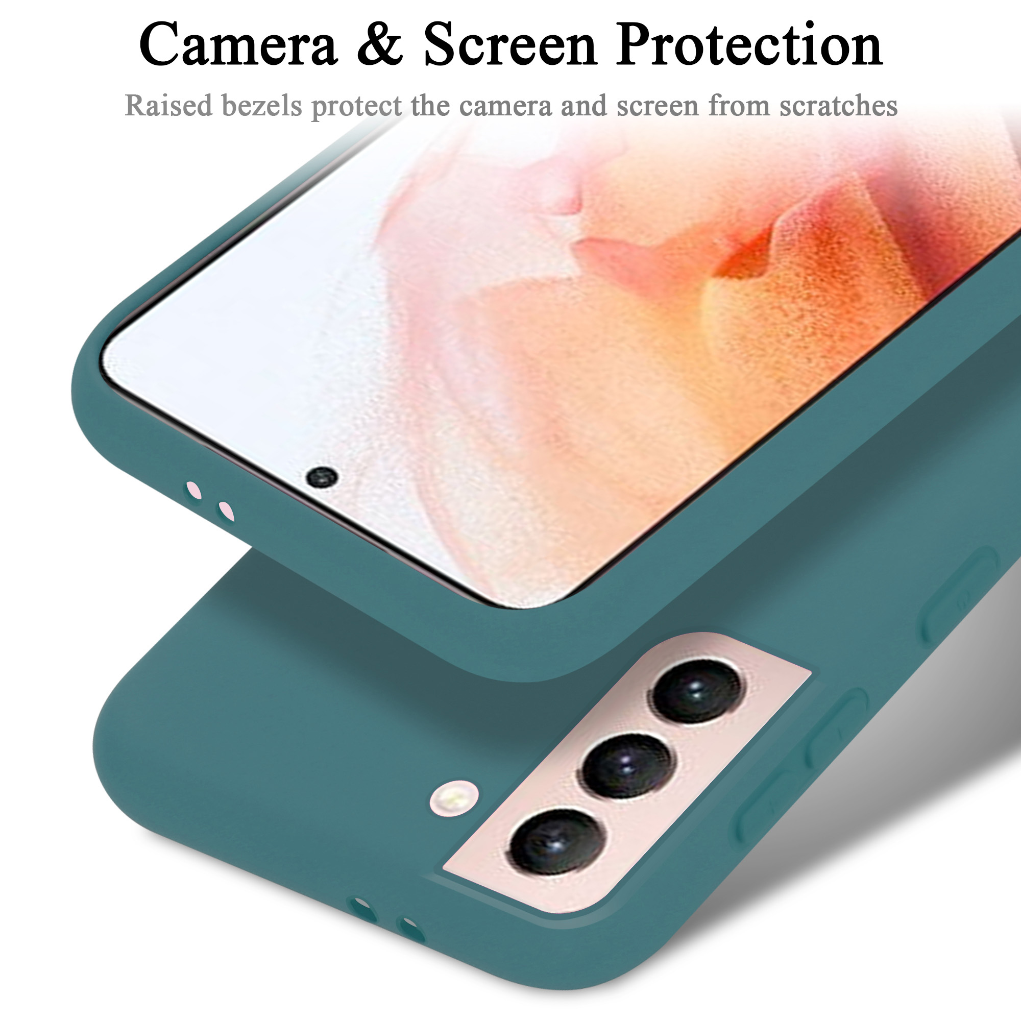 Una custodia per telefono verde acqua con un telefono all'interno. Ha tre fotocamere. Il testo recita: 'Protezione fotocamera e schermo'.