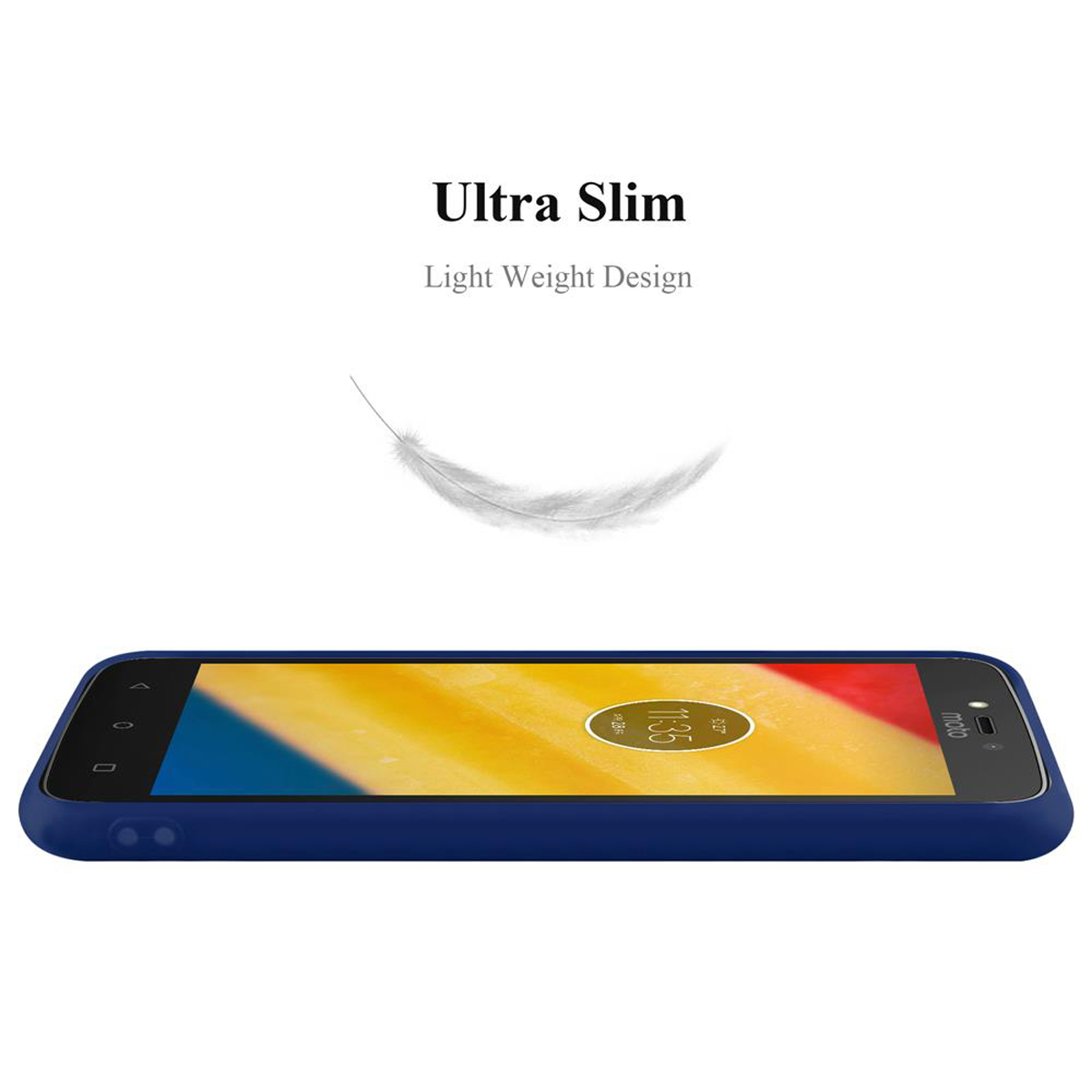 Custodia blu con telefono all'interno. La custodia ha una grafica a forma di piuma sopra.