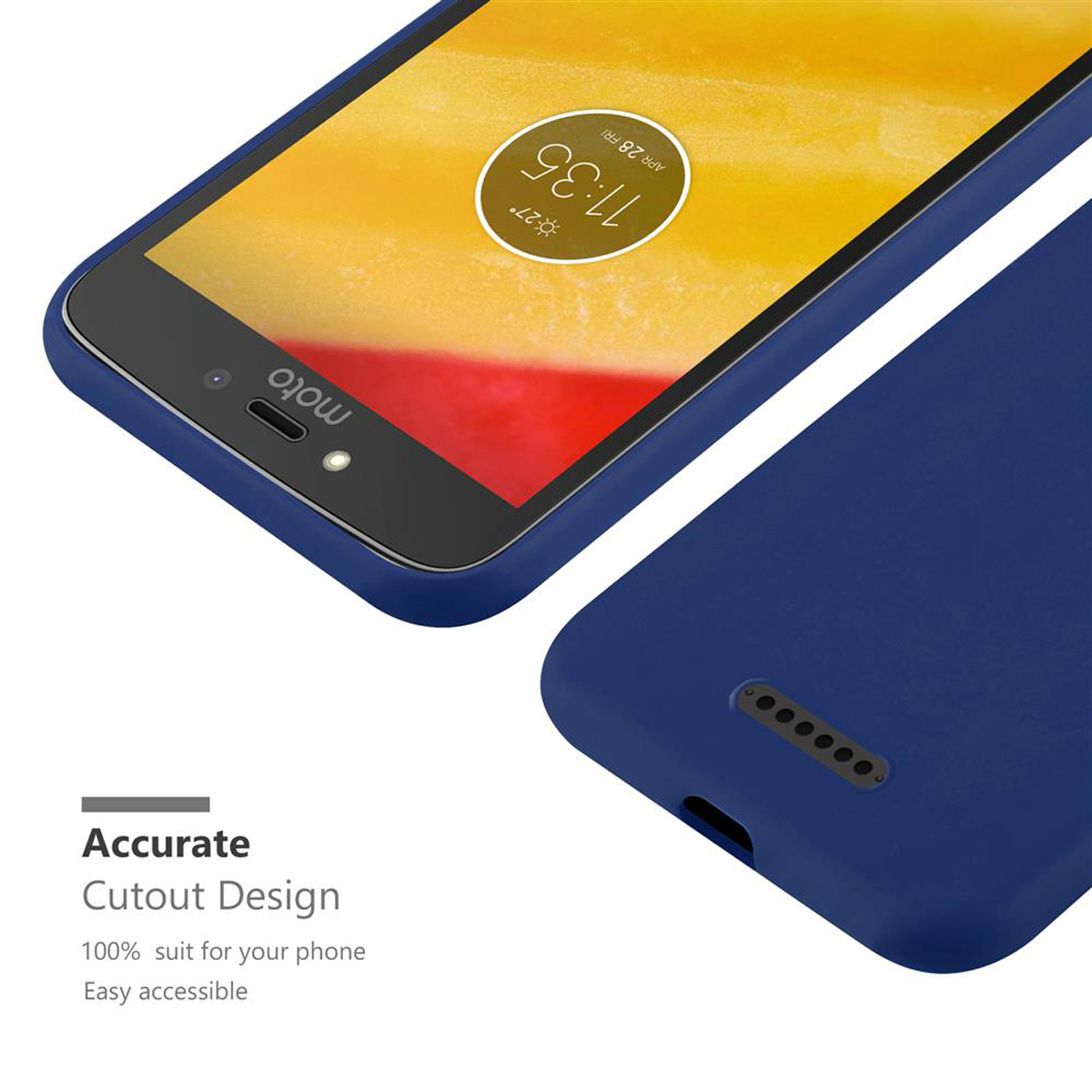 Una custodia blu con un telefono dentro. Il testo dice "Design preciso del ritaglio".