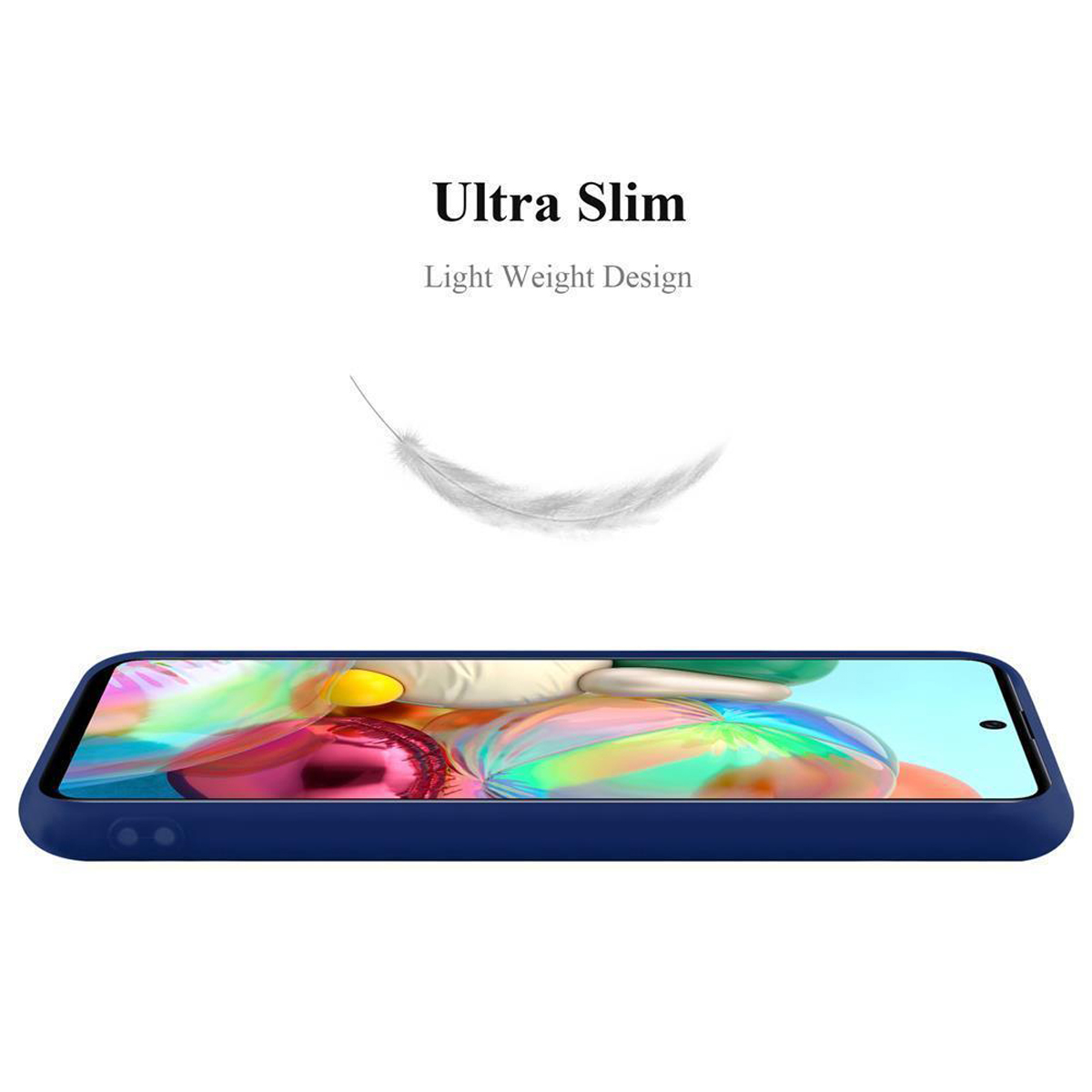 Una custodia per telefono blu con uno schermo del telefono. Una piuma bianca fluttua sopra la custodia.