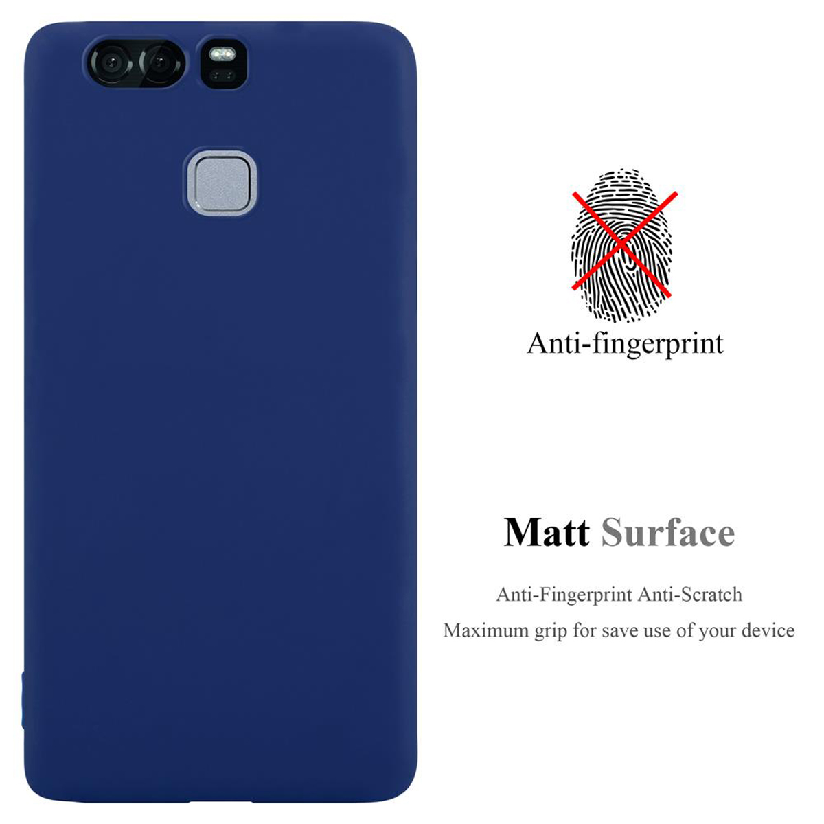 Blaue Handyhülle, mit Anti-Fingerabdruck-Grafik und Text. Die Oberfläche ist matt.