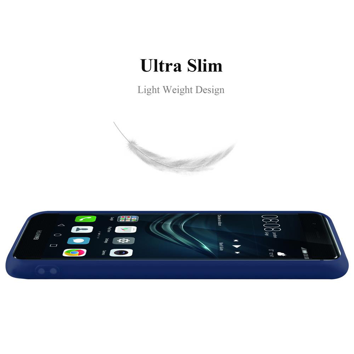 Ein schwarzes Telefon in einer blauen Hülle, mit Apps auf dem Bildschirm. Eine weiße Feder darüber.