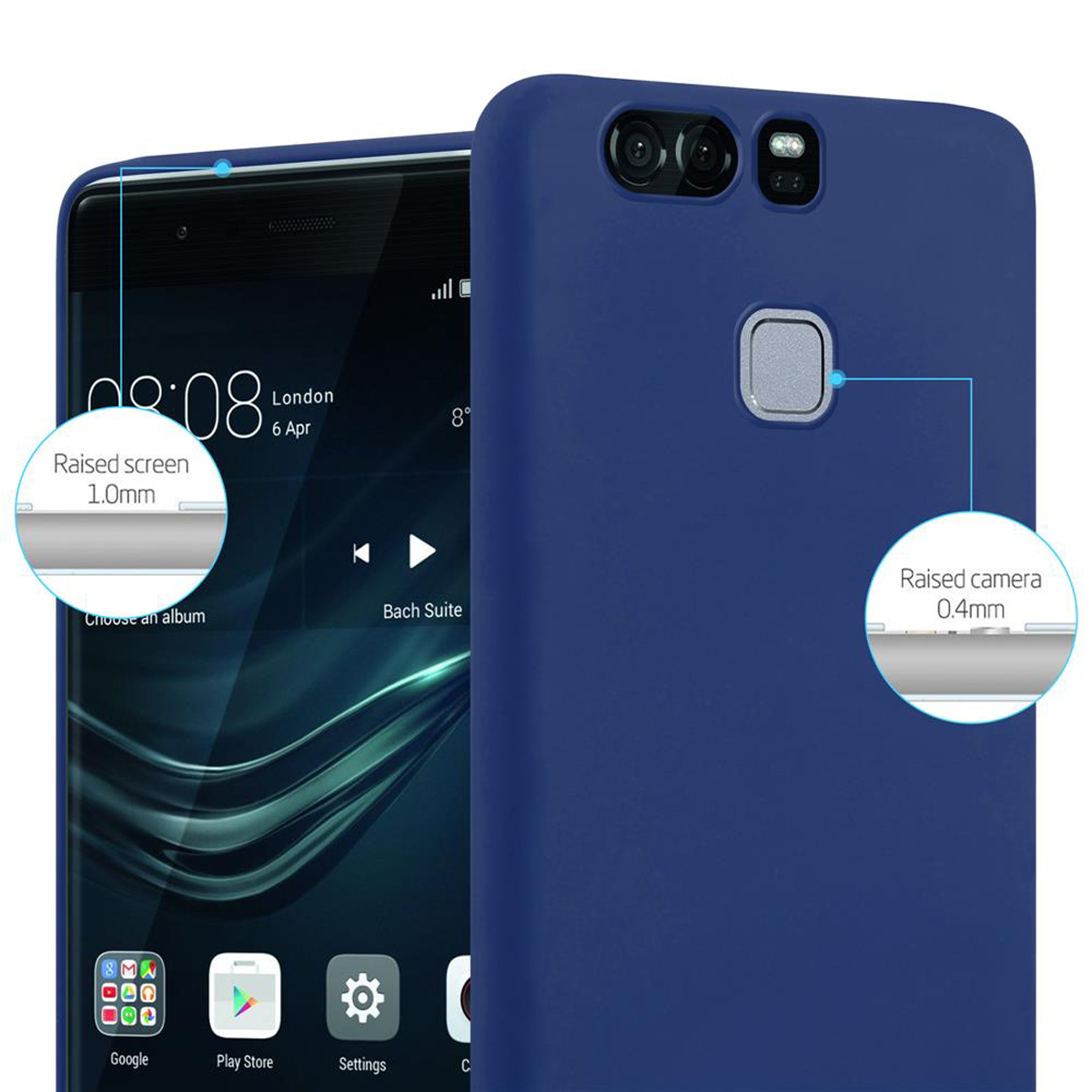 Eine blaue Handyhülle mit einem Telefon darin. Der Text lautet Erhöhter Bildschirm 1,0 mm und Erhöhte Kamera 0,4 mm.