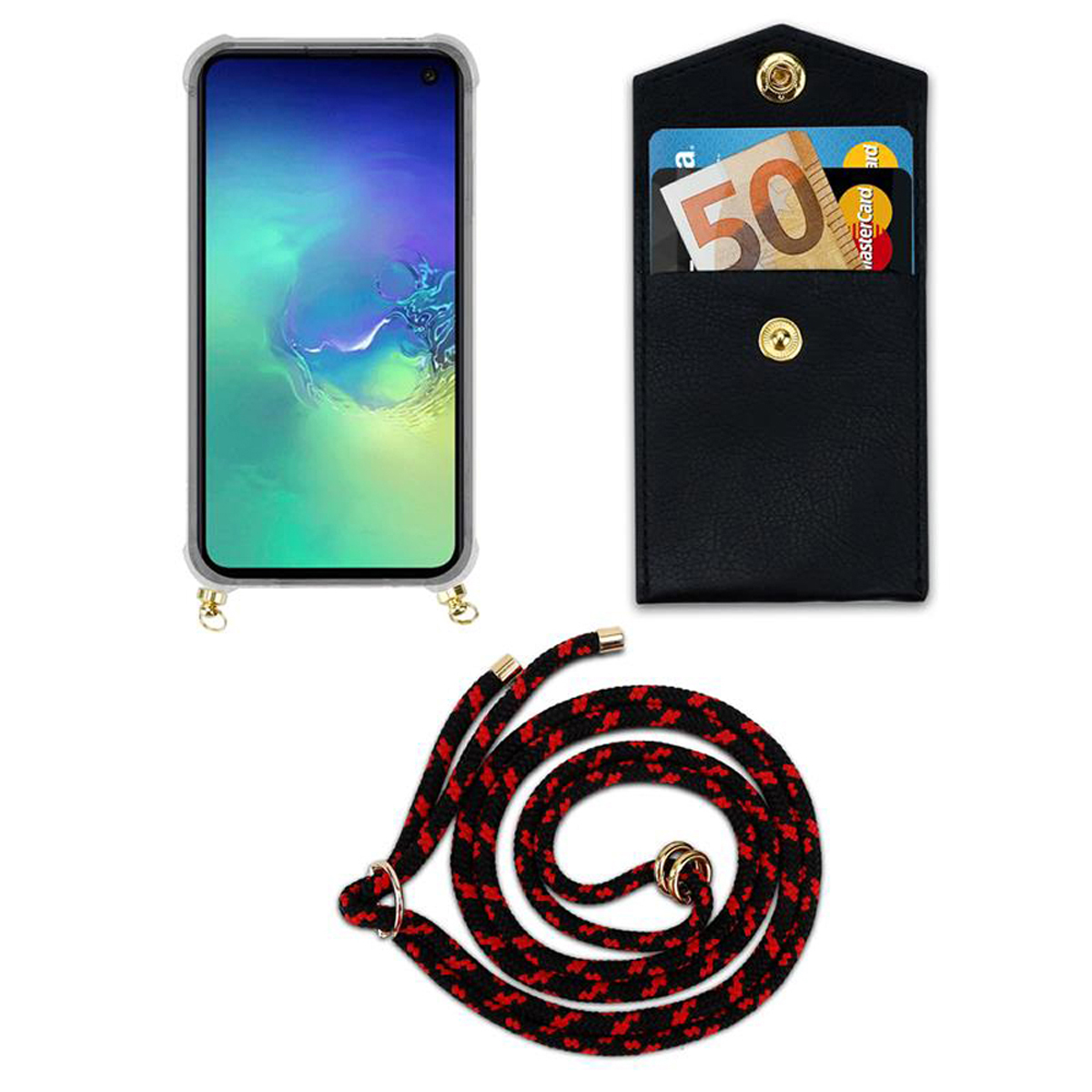 Un telefono in una custodia con cinturino nero e un portafoglio. Il portafoglio contiene carte e denaro. Testo: 50 euro.