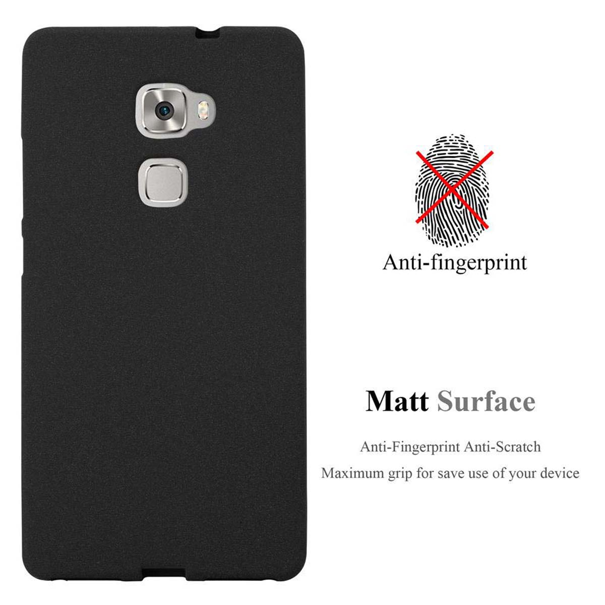 Schwarze Handyhülle mit schwarzem Telefon. Anti-Fingerabdruck-Text, durchgestrichenes Fingerabdrucksymbol.