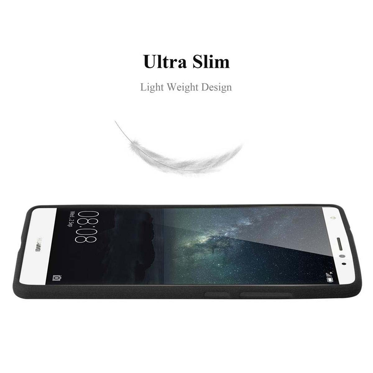 Ein Telefon auf weißer Oberfläche. Feder und Text sind darüber. Der Bildschirm zeigt dunklen Hintergrund.