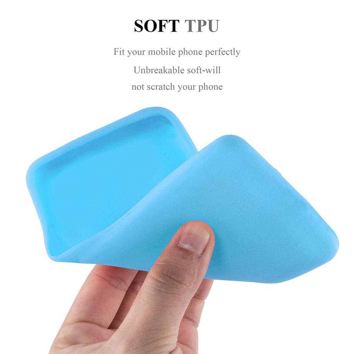 Custodia blu per telefono tenuta in mano, con testo 'SOFT TPU' su sfondo bianco.