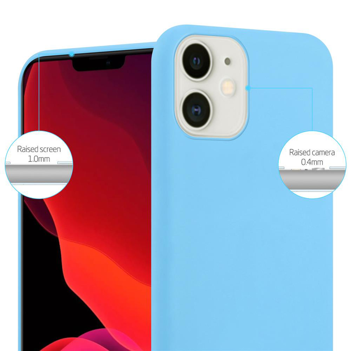 Custodia per telefono azzurra con schermo e fotocamera rialzati. Schermo rosso, custodia azzurra.