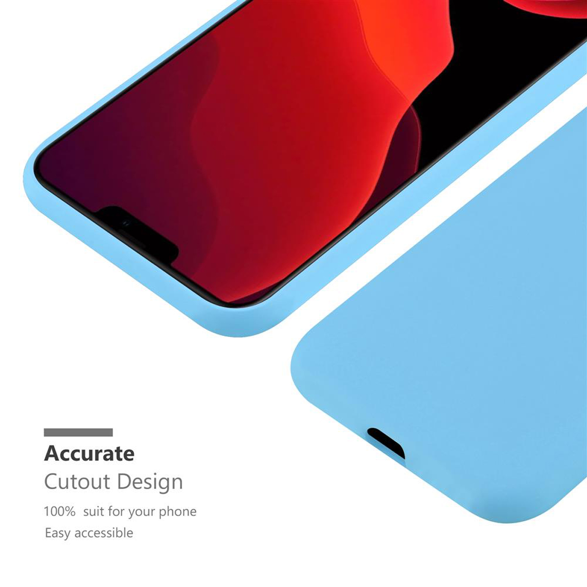 Custodia per telefono azzurra, con testo 'Accurate, Cutout Design'. Sfondo bianco.