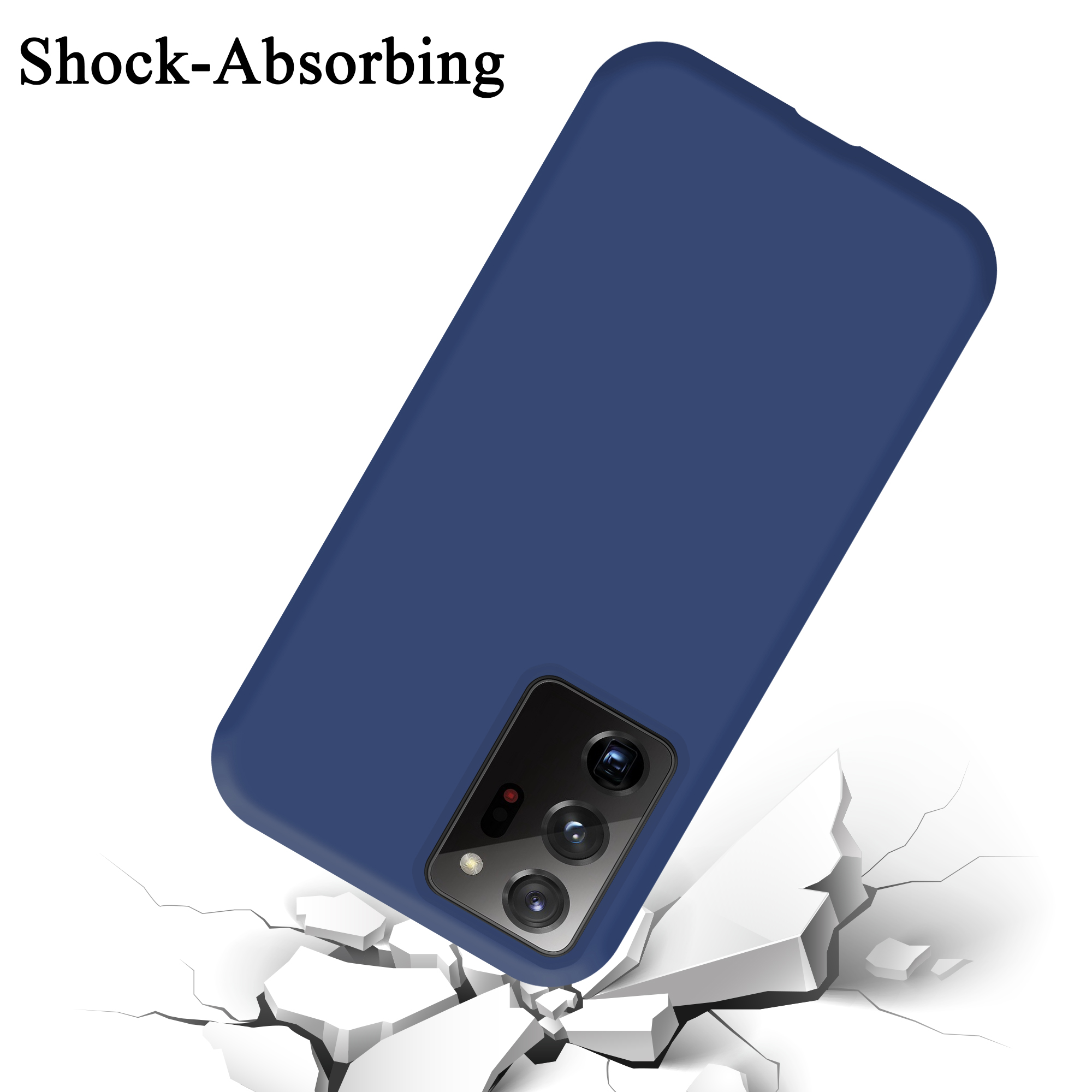 Una custodia per telefono blu navy è mostrata su una superficie bianca con la scritta "Shock-absorbing". Ci sono delle crepe sulla superficie.