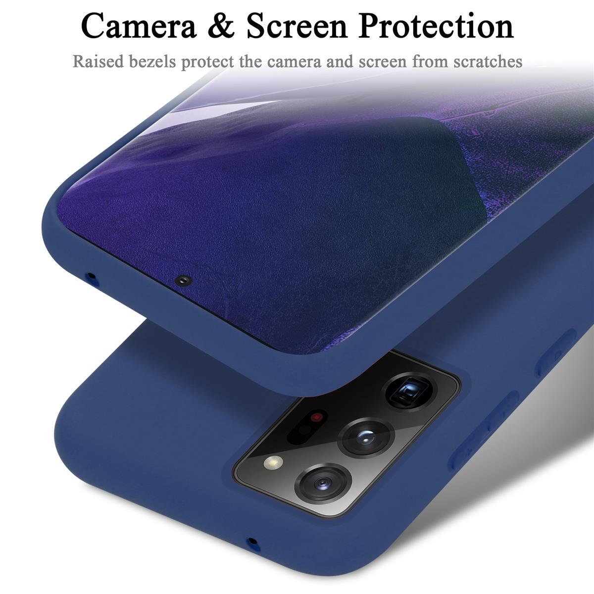 Una custodia blu per telefono con uno schermo del telefono. Il testo dice "Camera & Screen Protection".