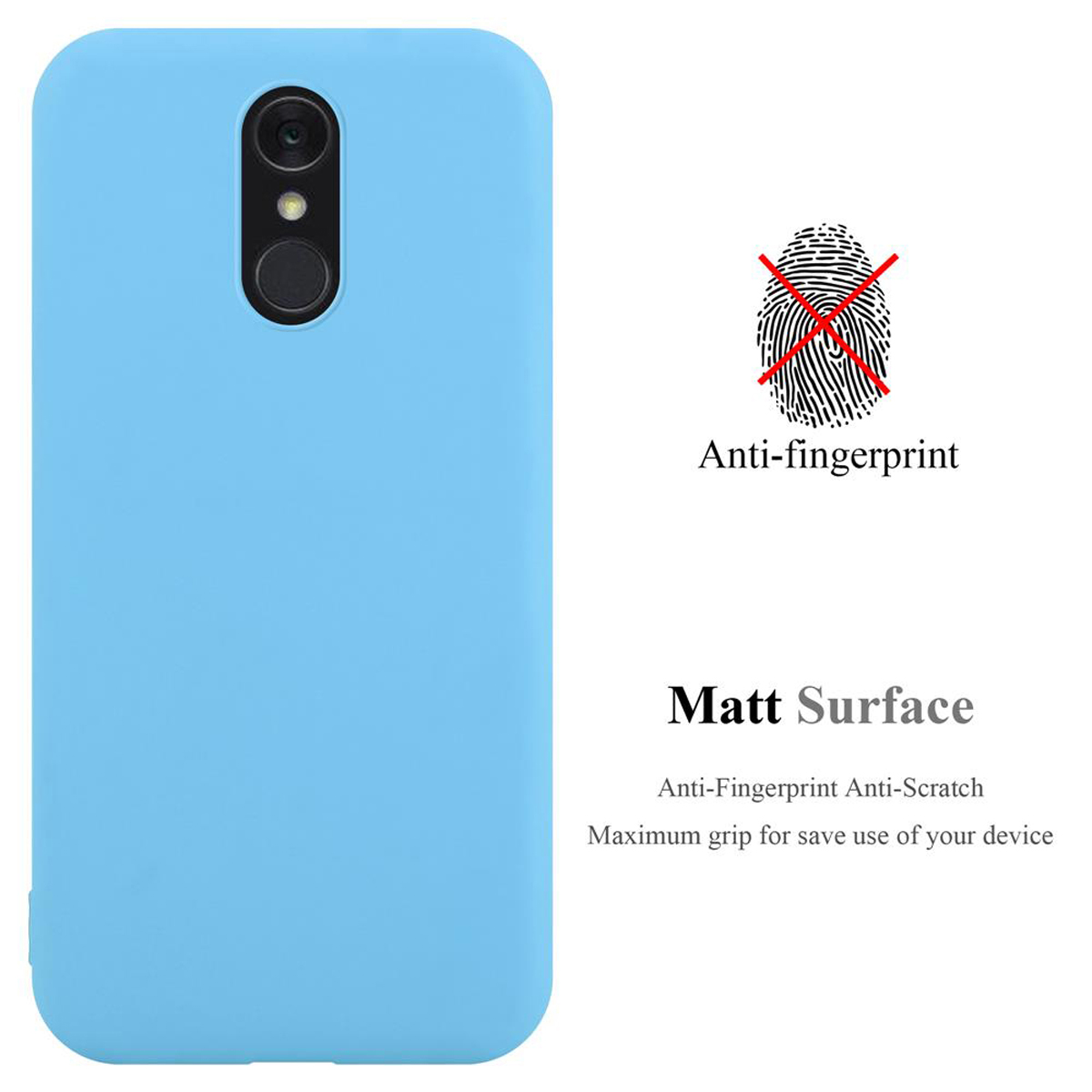 Una custodia per telefono azzurra. Sono evidenziate le caratteristiche anti-impronta e superficie opaca. Ha un foro per la fotocamera.