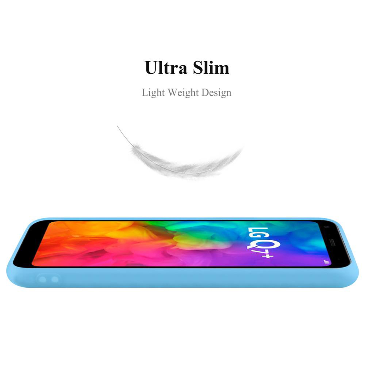 Telefono con custodia blu. Una piuma fluttua sopra. La custodia è ultra sottile.