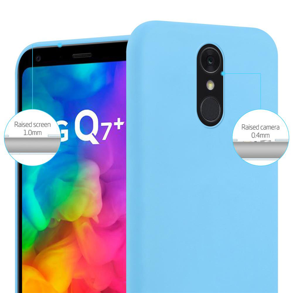 Custodia per telefono azzurra con bordi dello schermo e della fotocamera rialzati per la protezione, con etichette di altezza.