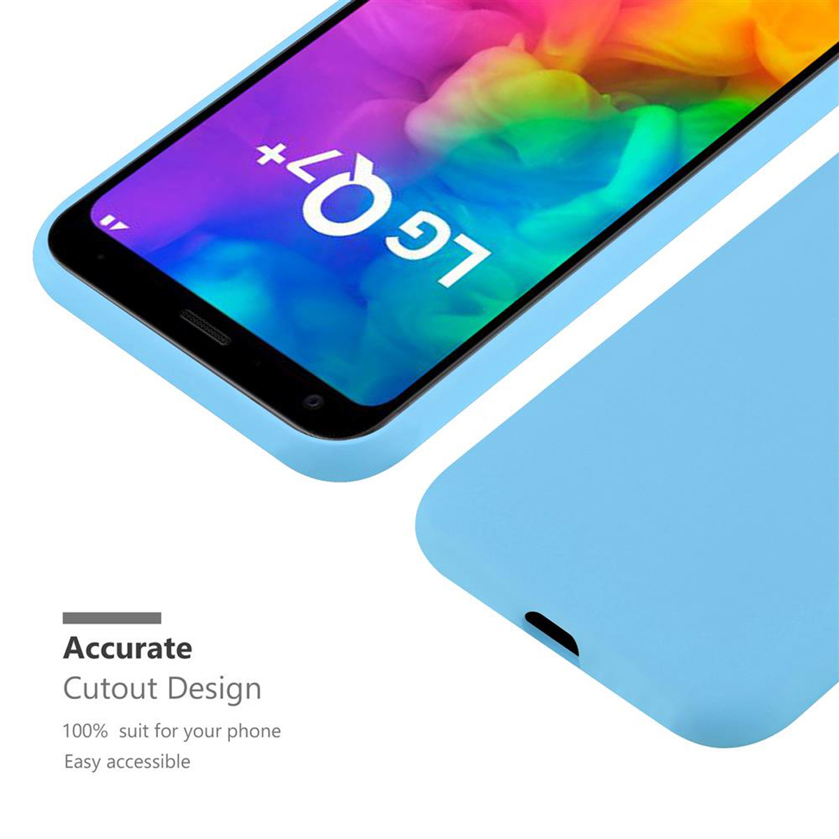Una custodia per telefono azzurra con un telefono LG all'interno. Design preciso.
