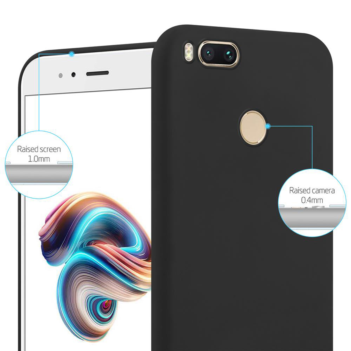 Custodia nera per telefono, con fotocamera e schermo rialzati. Schermo con arte astratta colorata.