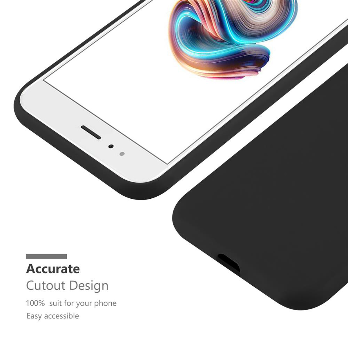 Custodia per telefono nera con schermo bianco. Il telefono mostra un display.