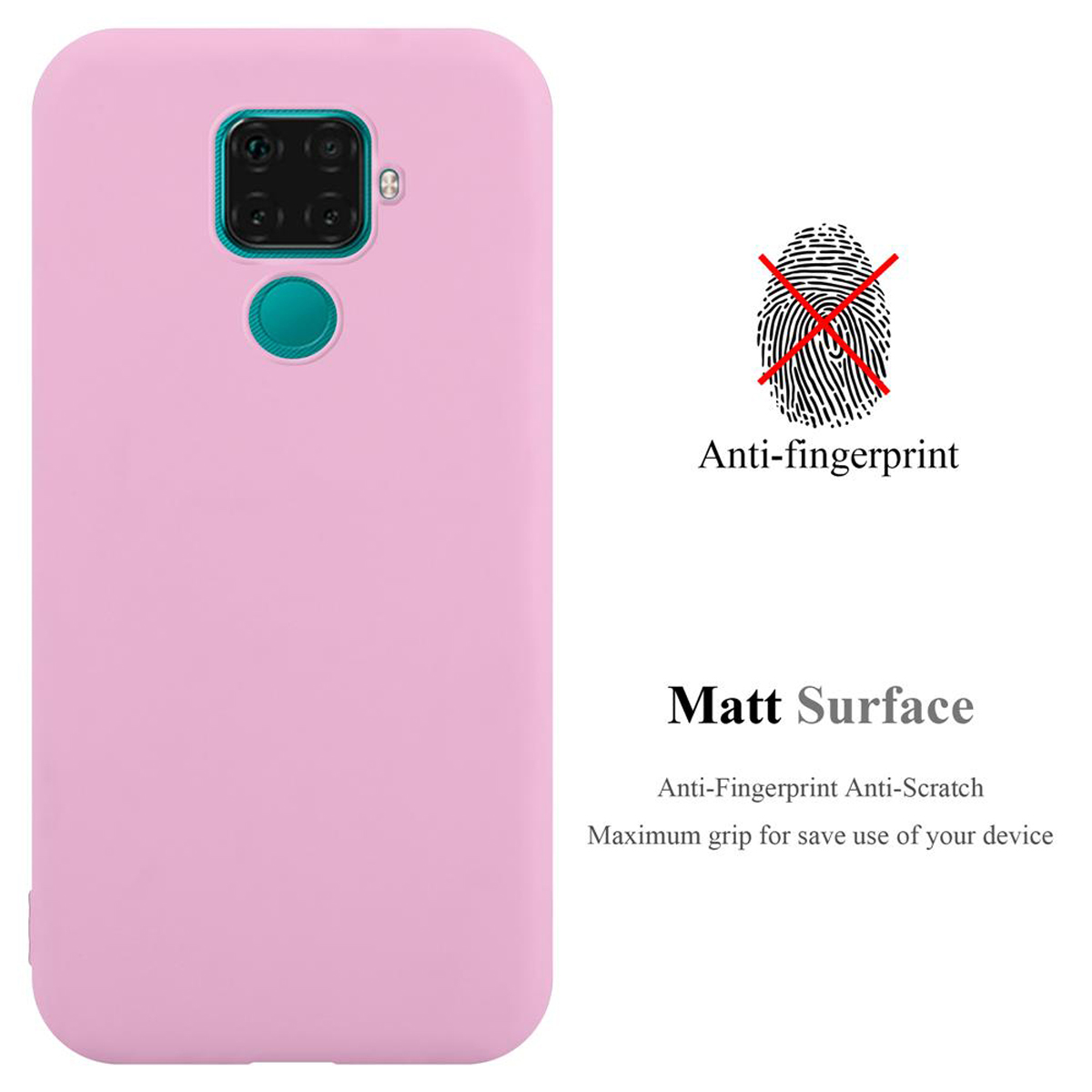 Rosa Handyhülle mit schwarzer und grüner Kamera. Anti-Fingerabdruck-Funktion. Auf weißer Oberfläche.