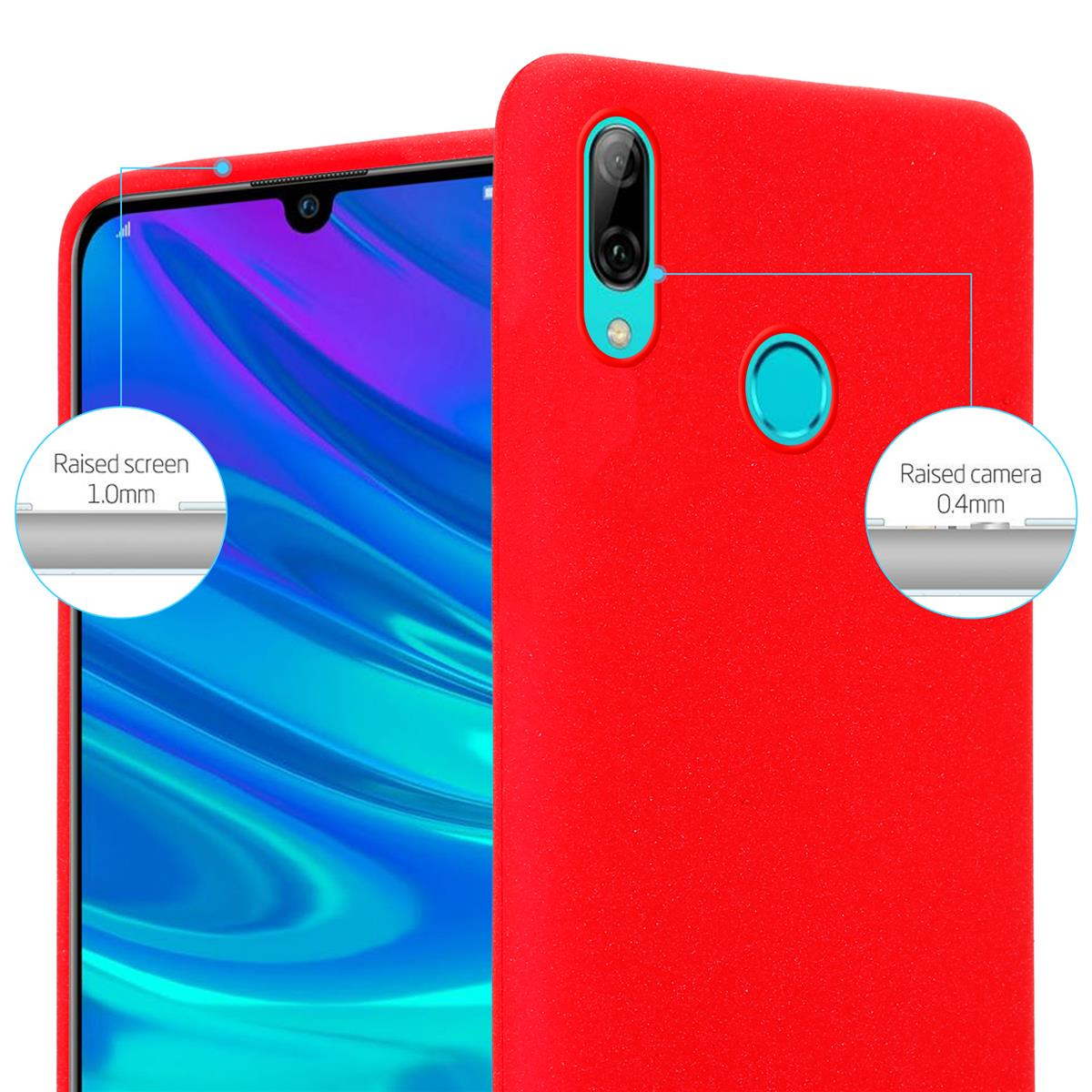 Custodia rossa con telefono. Testo: schermo rialzato 1,0 mm e fotocamera rialzata 0,4 mm.