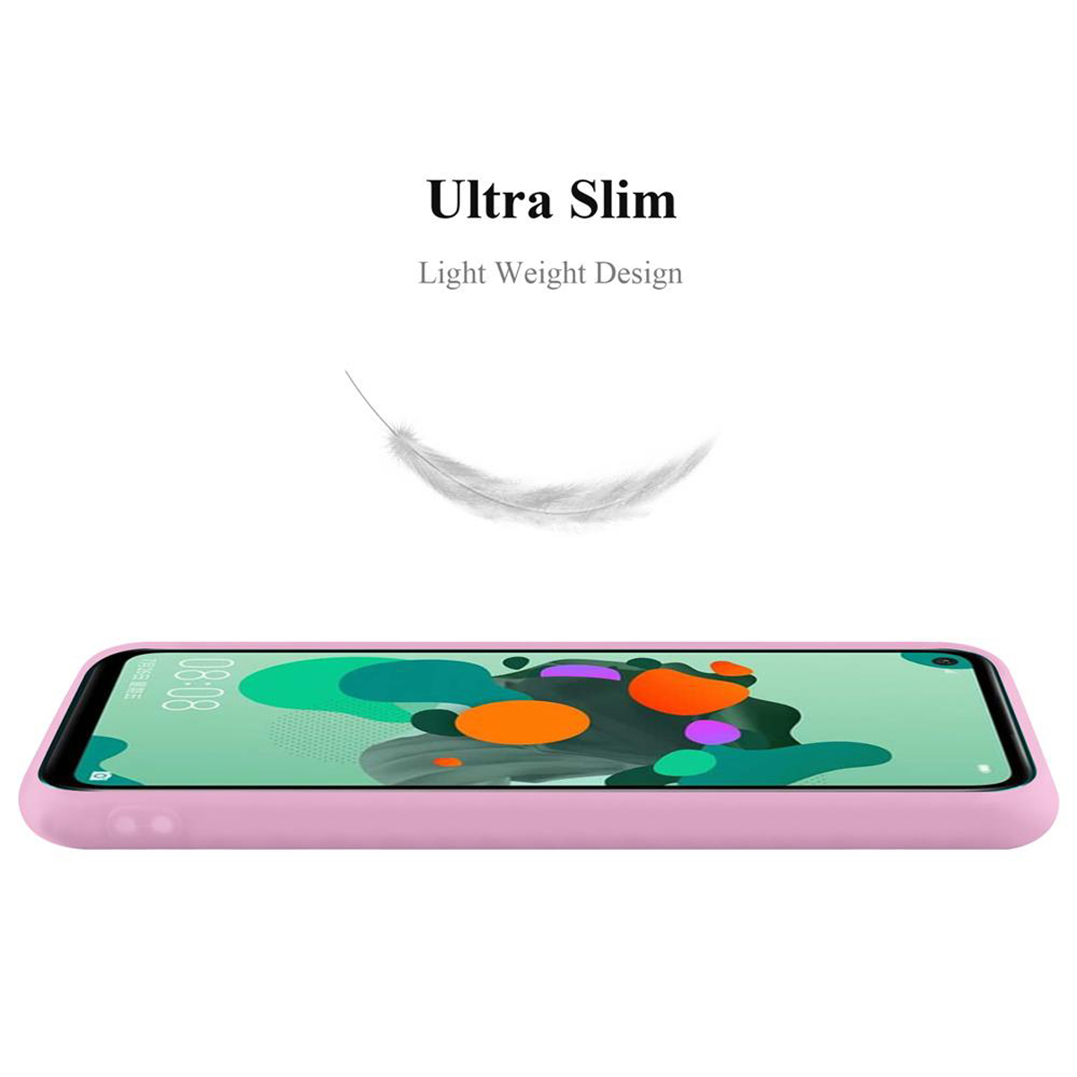 Rosa Handyhülle, Text 'Ultra Slim' und 'Light Weight Design', zeigt den Rand des Telefons.