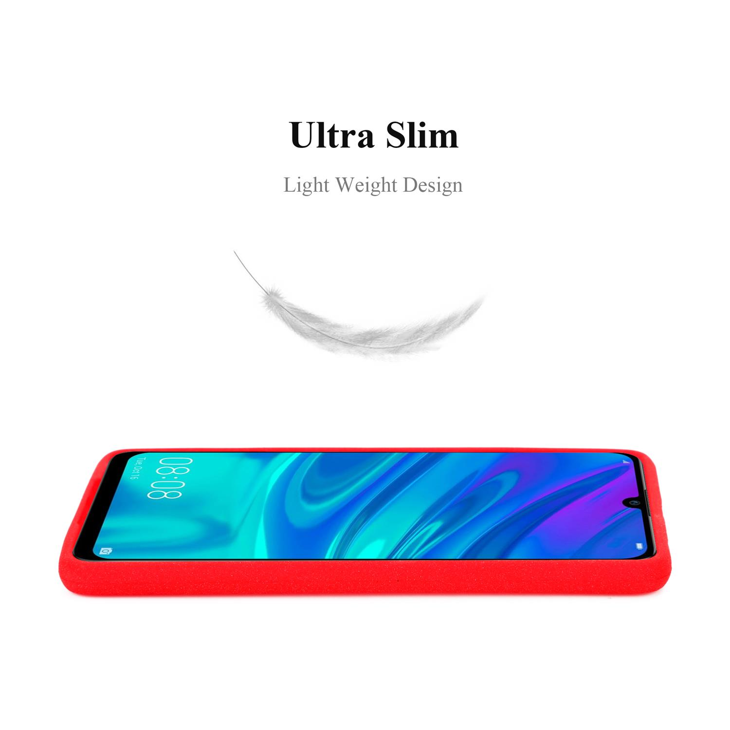 Una custodia per telefono rossa con un telefono all'interno. Una piuma fluttua sopra il telefono. Il testo dice 'Ultra Slim'.