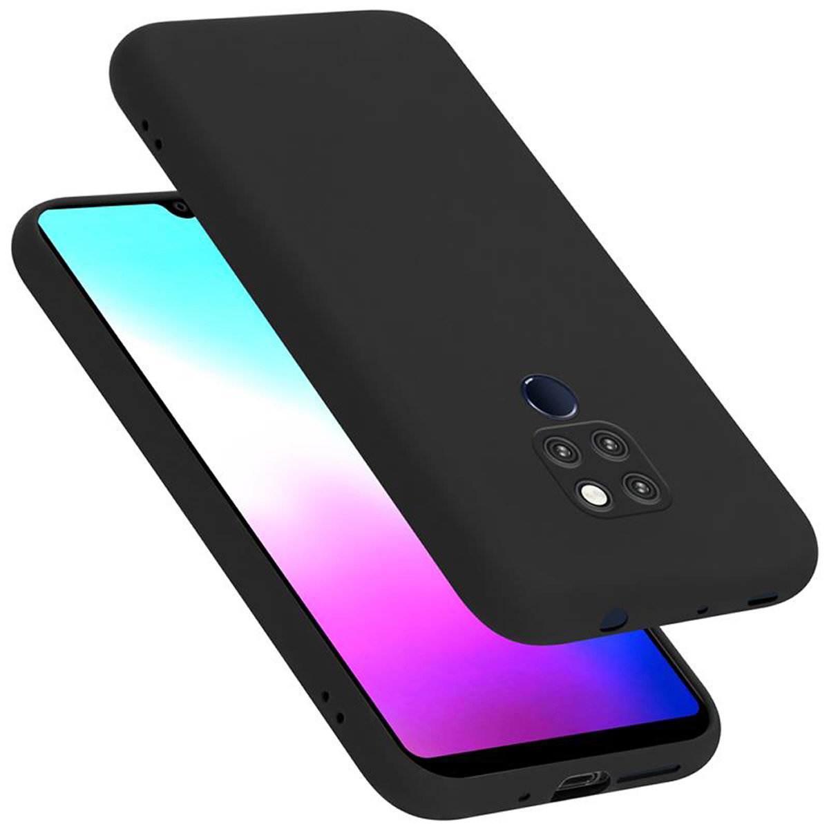 Zwei schwarze Handyhüllen. Ein Telefon ist in der Hülle, das andere abgewinkelt.