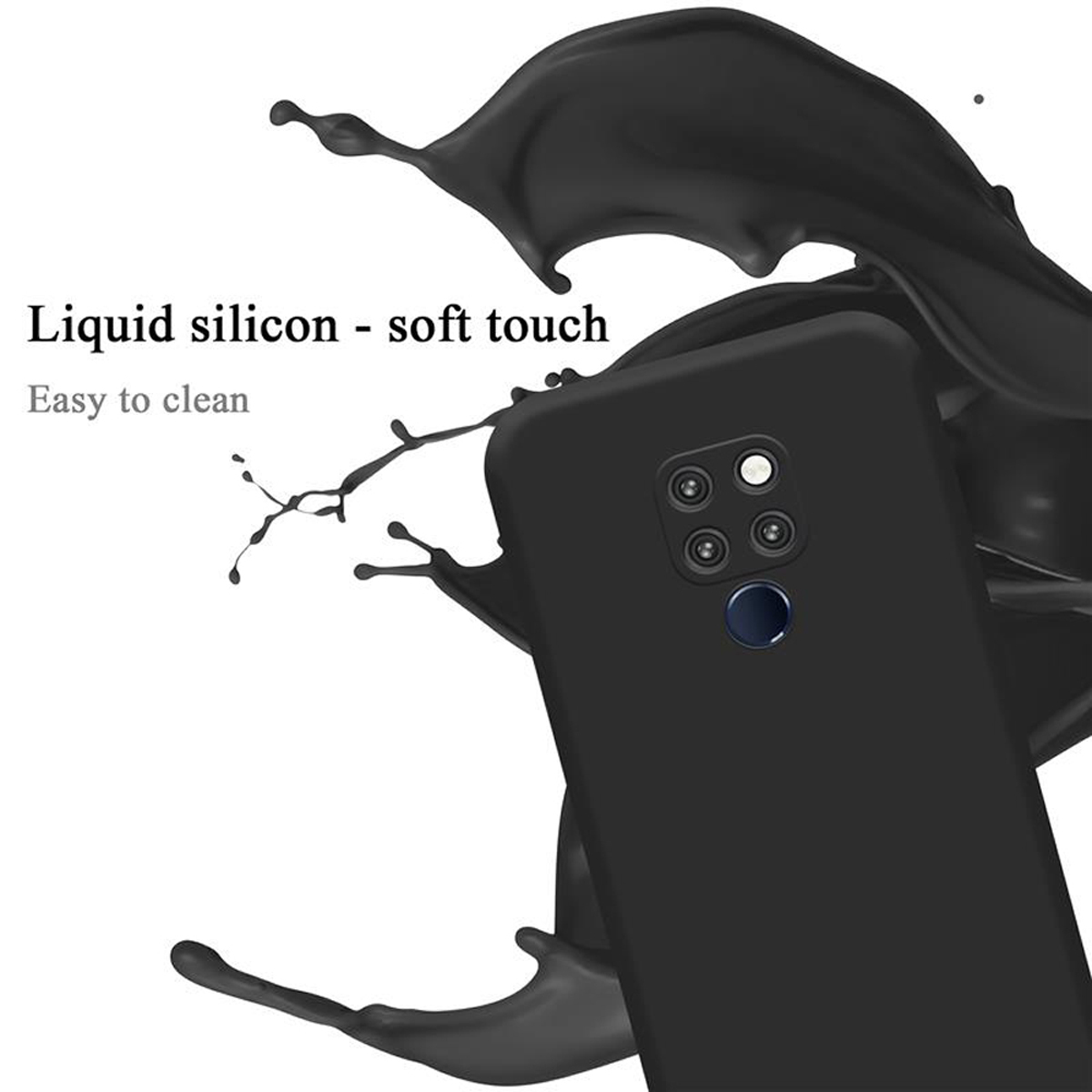 Schwarze Handyhülle. Schwarzer Flüssigkeitsspritzer im Hintergrund. Text: 'Flüssiges Silikon - Soft-Touch'.