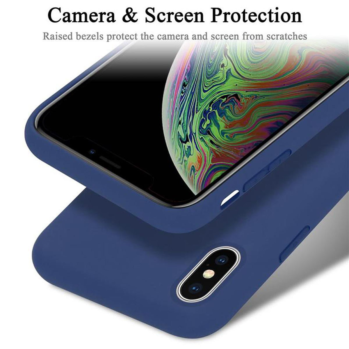 Dunkelblaue Handyhülle mit einem Telefon darin. Text: Kamera- und Bildschirmschutz.