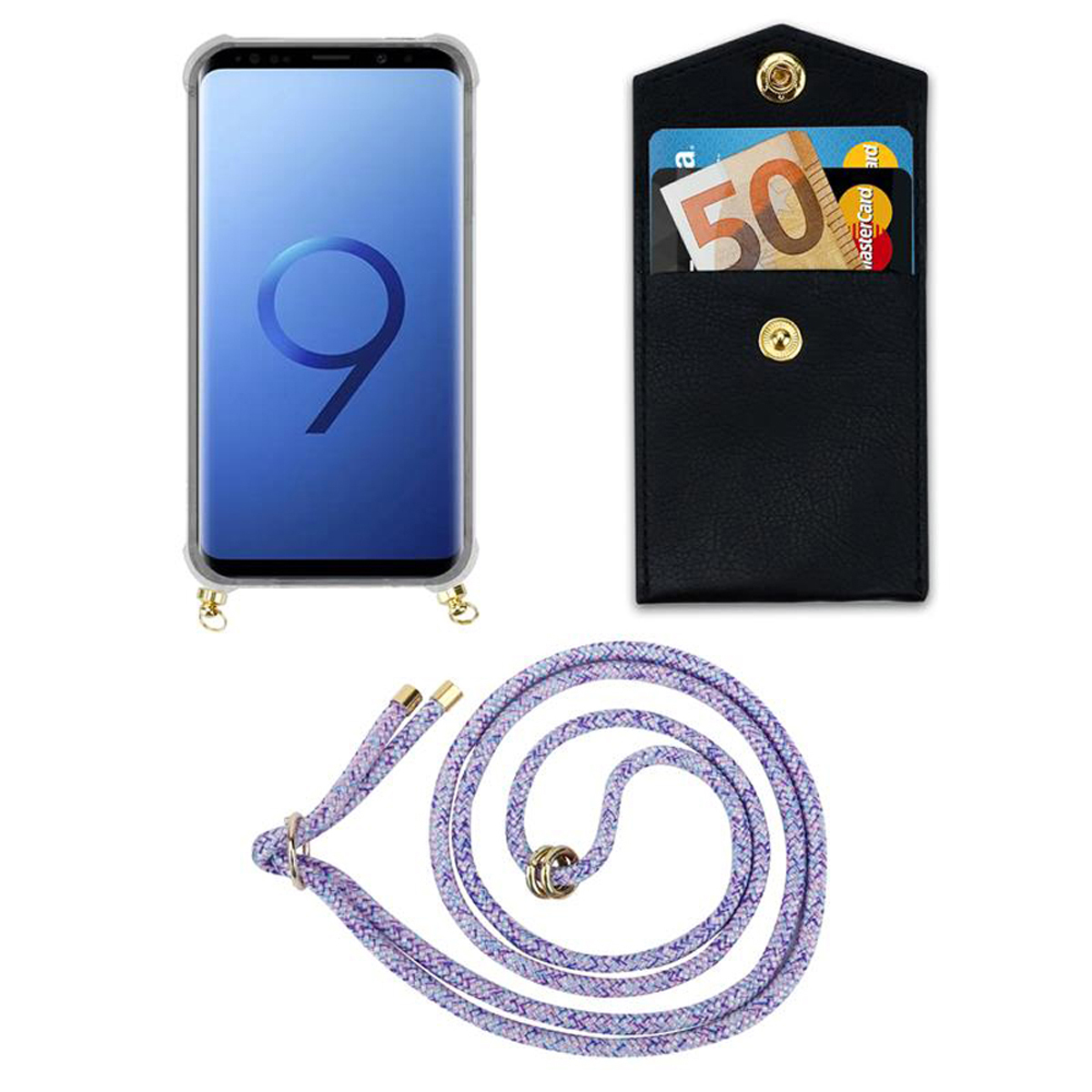 Ein Telefon, eine schwarze Geldbörse mit einem 50-Euro-Schein und ein lila Telefonband. Alles auf weißem Untergrund.