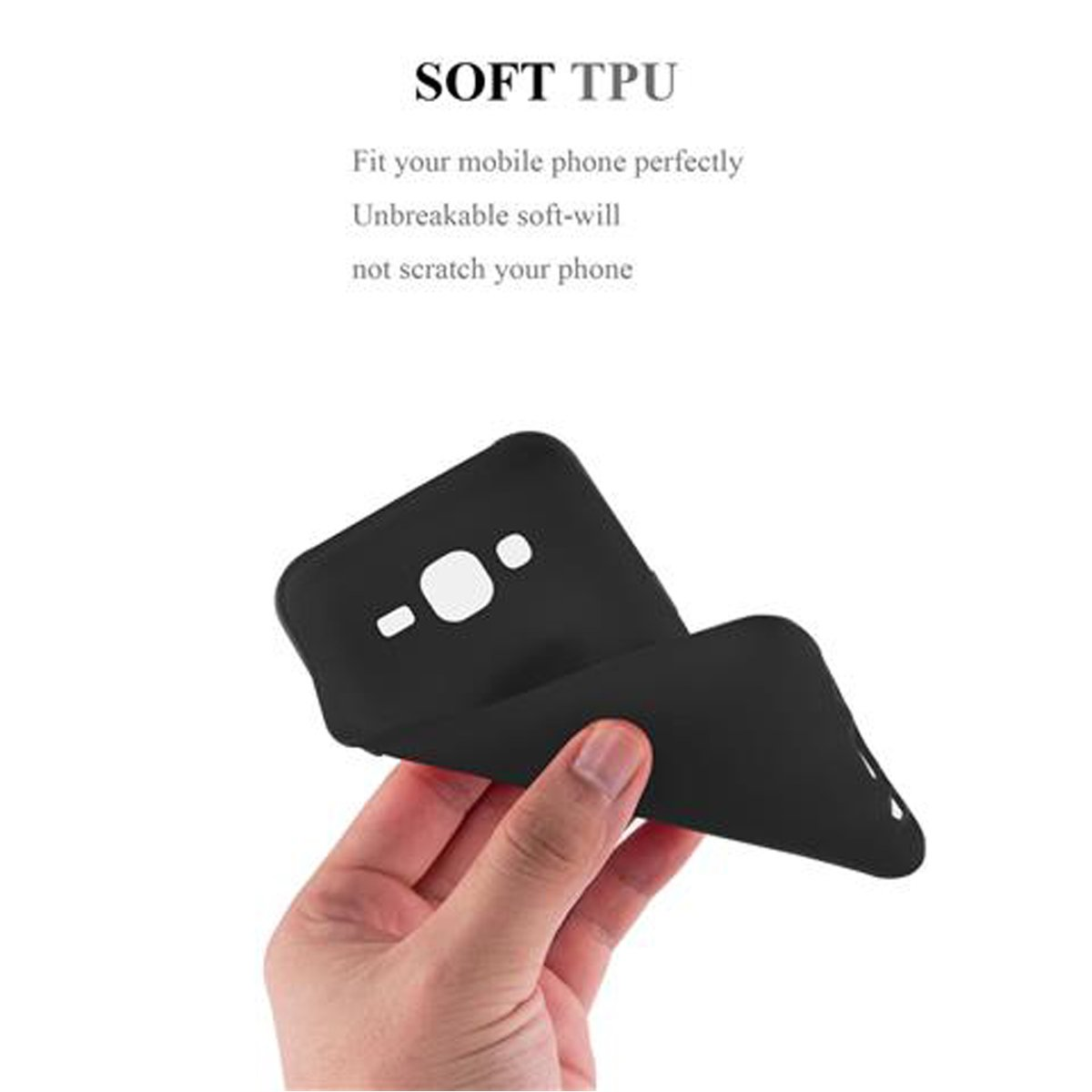 Custodia nera per telefono tenuta in mano, con testo: SOFT TPU. Mostra forma e flessibilità.