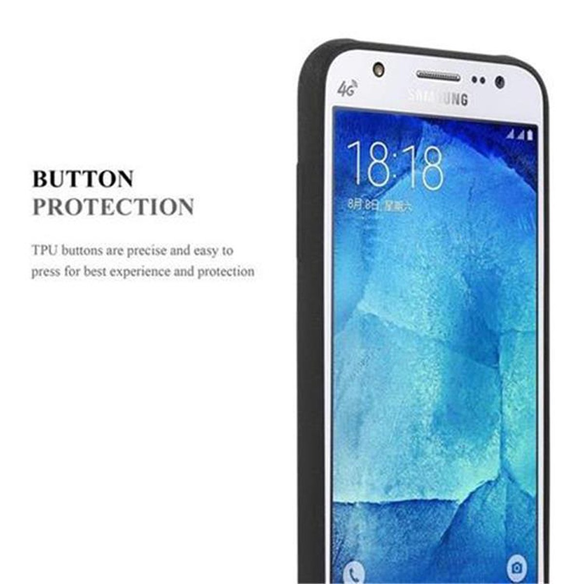 Schermo smartphone con visualizzazione ora, custodia nera. Il testo indica 'Protezione pulsanti'.