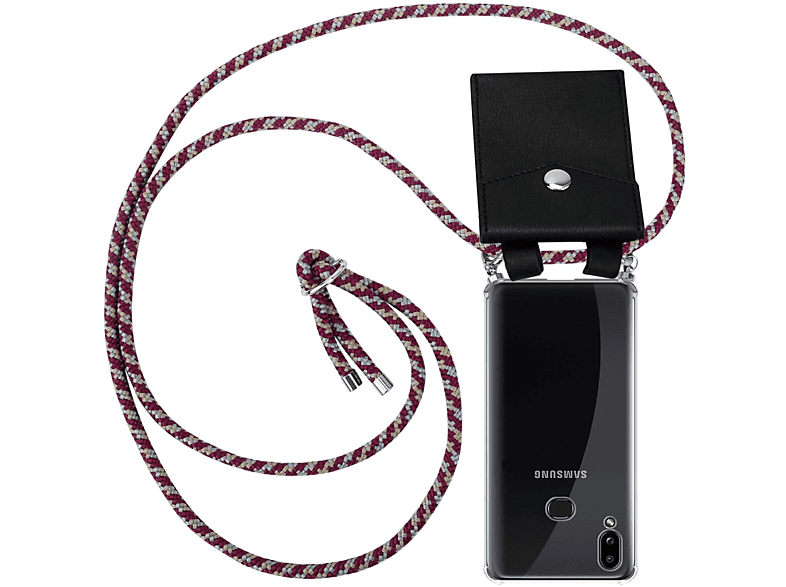CADORABO Handy Kette mit Silber Ringen, Kordel Band und abnehmbarer Hülle, Backcover, Samsung, Galaxy A10s / M01s, ROT GELB WEIß