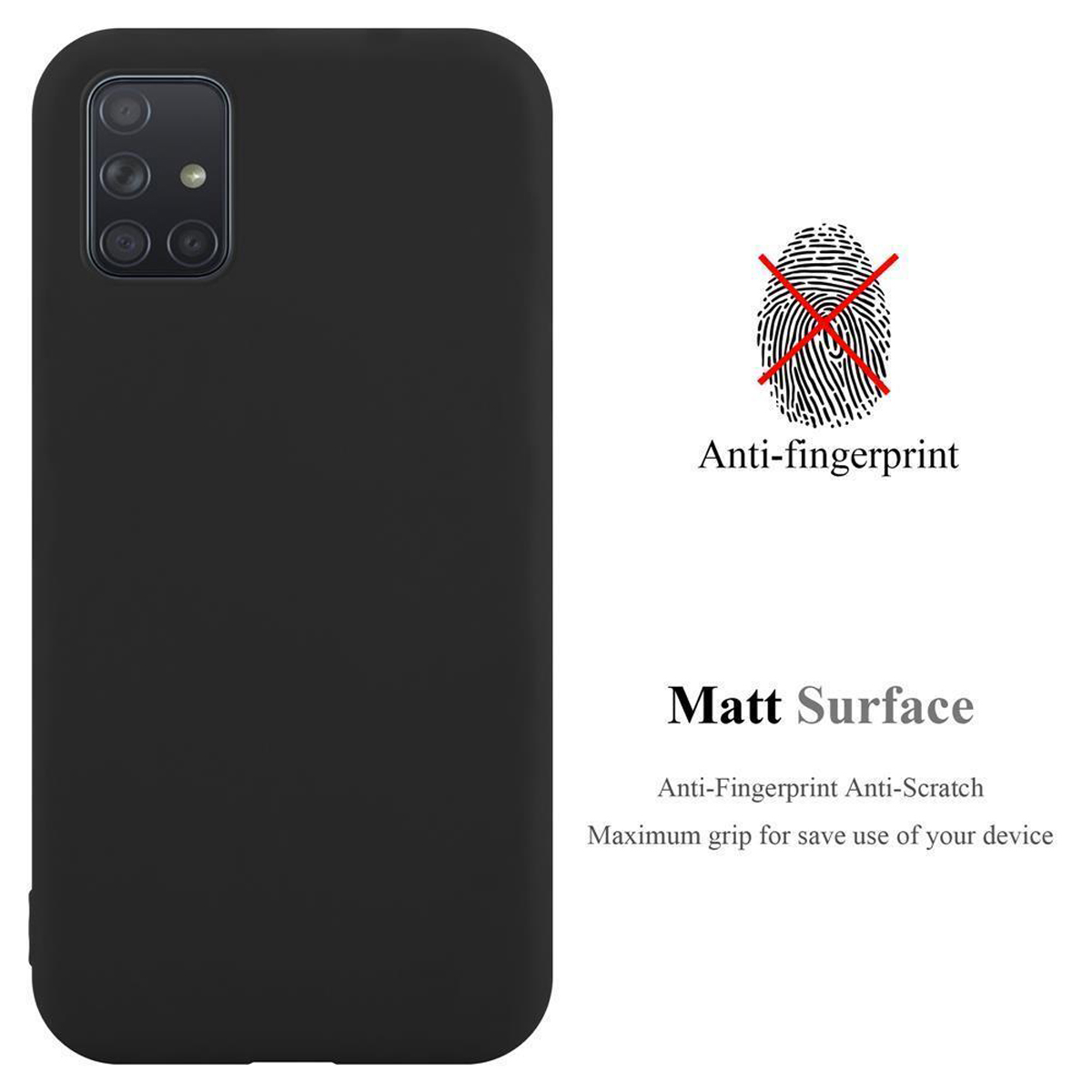 Custodia nera per telefono con testo e grafica delle impronte digitali. Sfondo bianco.