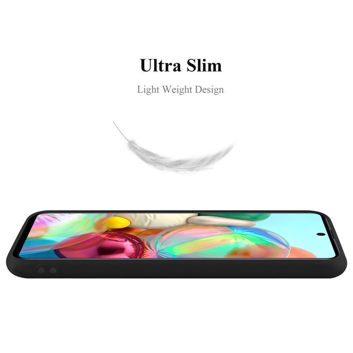 Custodia per telefono nera con testo: Ultra Slim, Light Weight Design. Il telefono è nero.