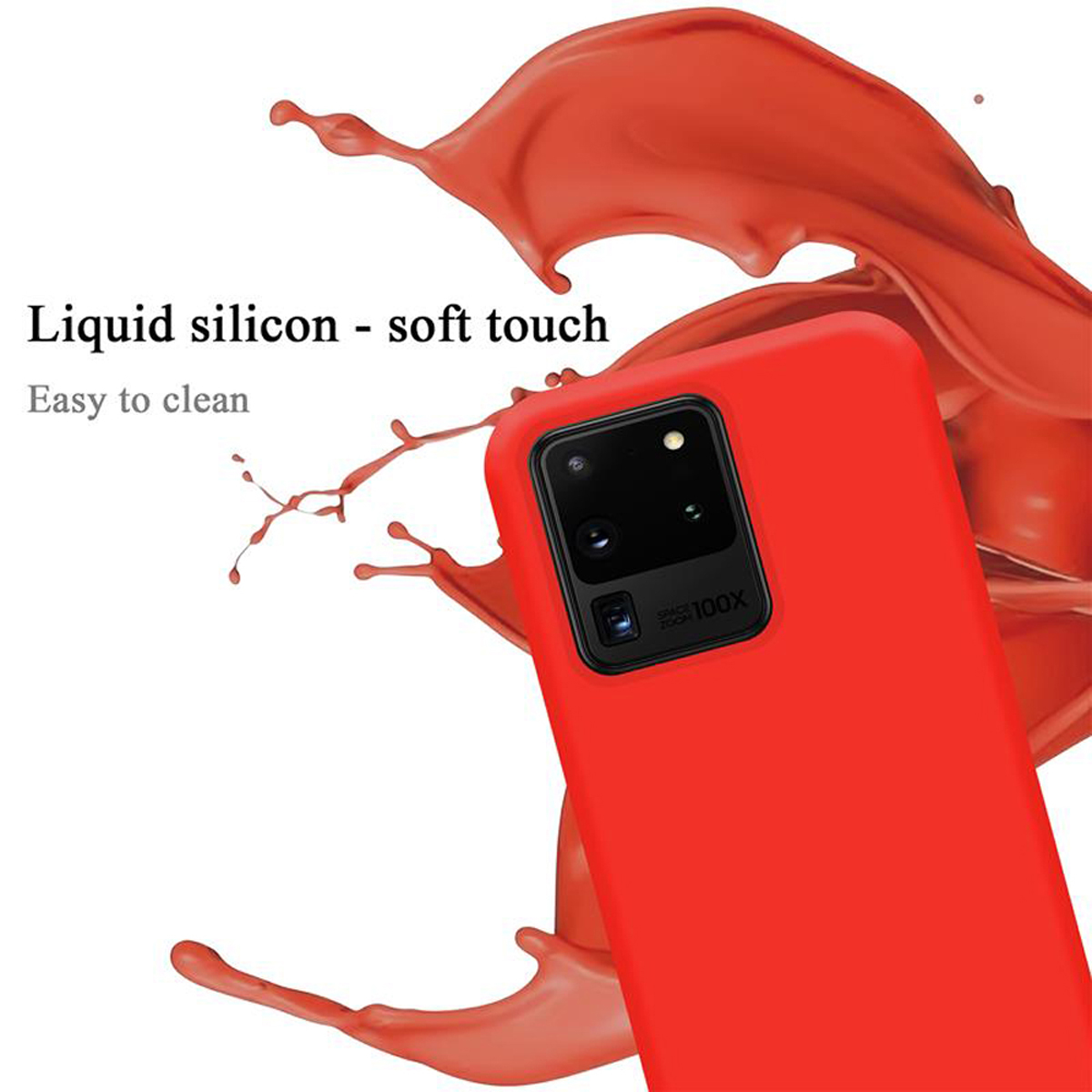 Una custodia per telefono rossa con fotocamera. Sono evidenziati silicone liquido, facile da pulire e tocco morbido.