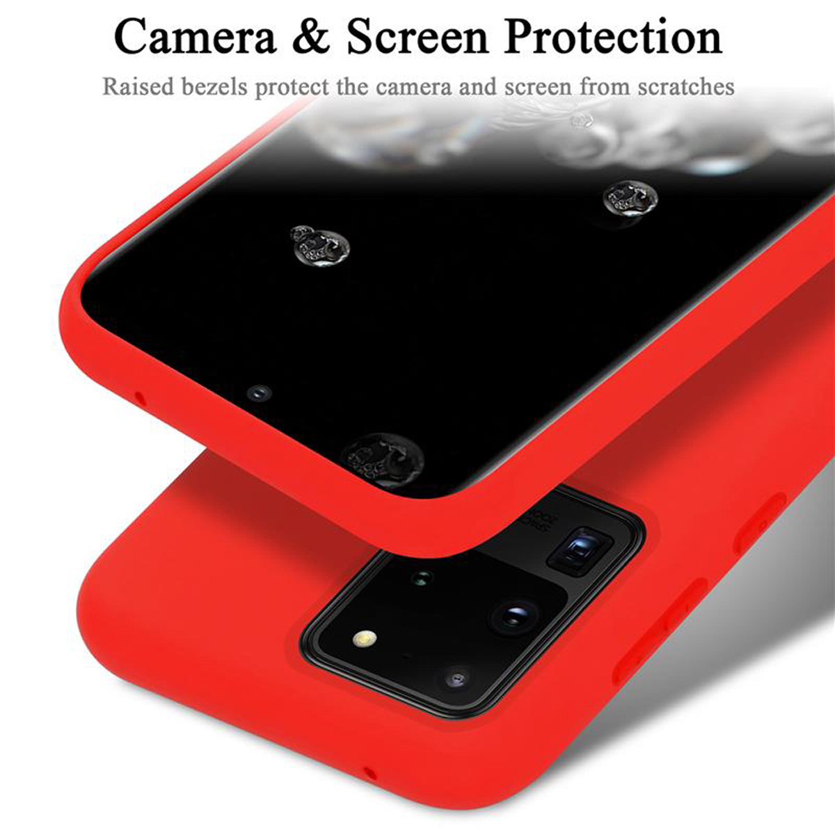 Custodia rossa per telefono con protezione schermo. Testo: Protezione fotocamera e schermo. Bordi rialzati proteggono.