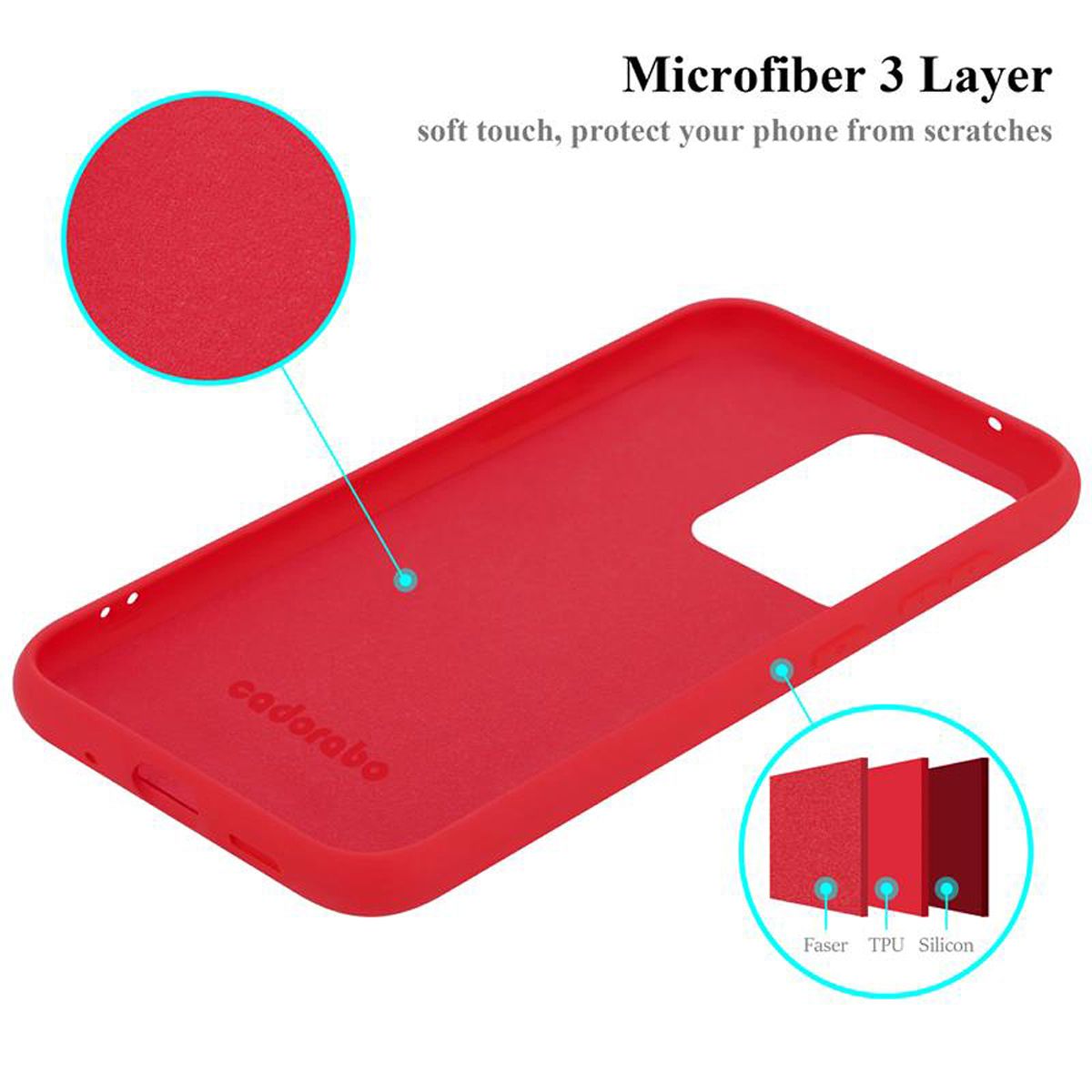 Interno custodia telefono rosso, dettagli strato microfibra, tre strati, tocco morbido, custodia protettiva.