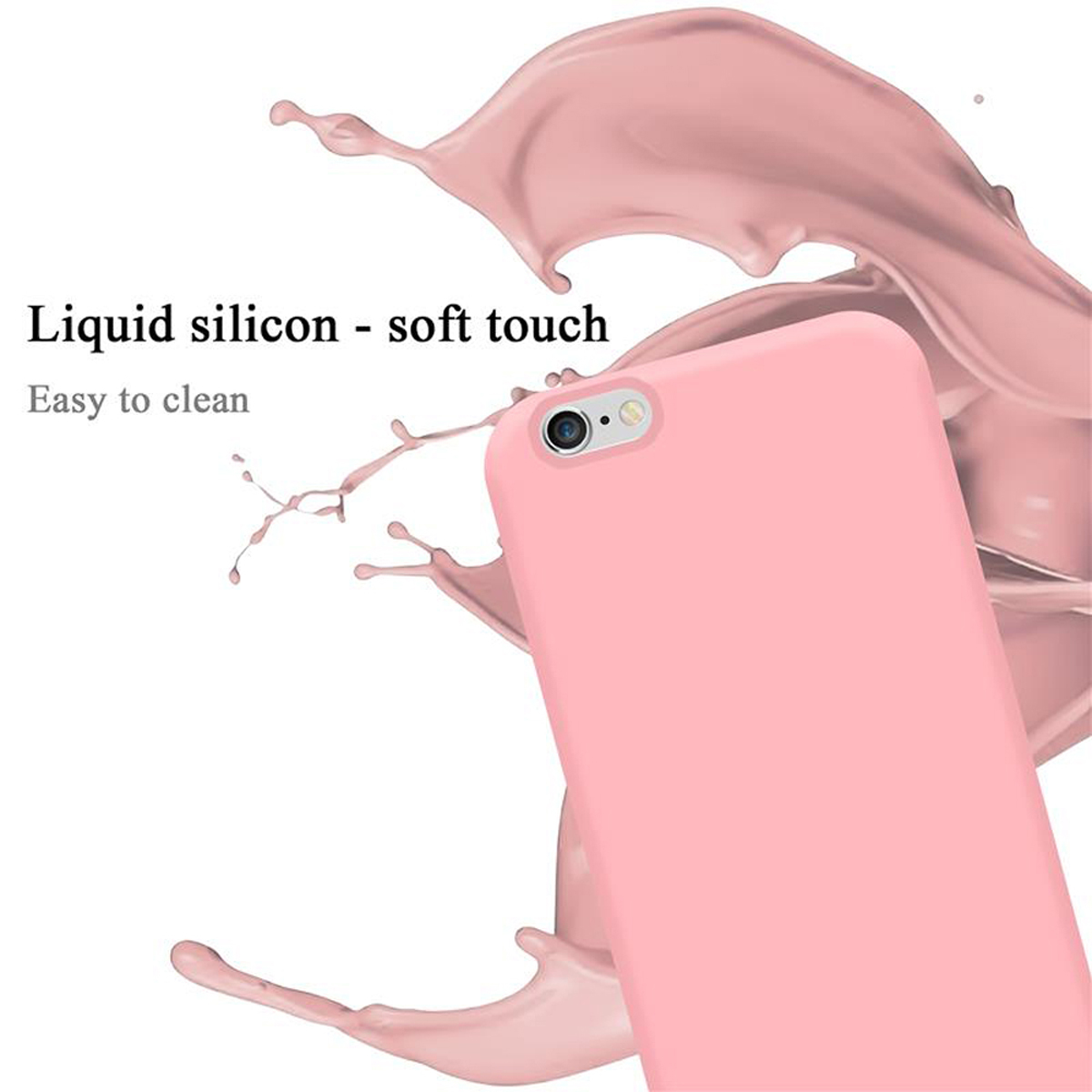 Custodia per telefono rosa con schizzo di liquido. Il testo indica tocco morbido e facile da pulire.