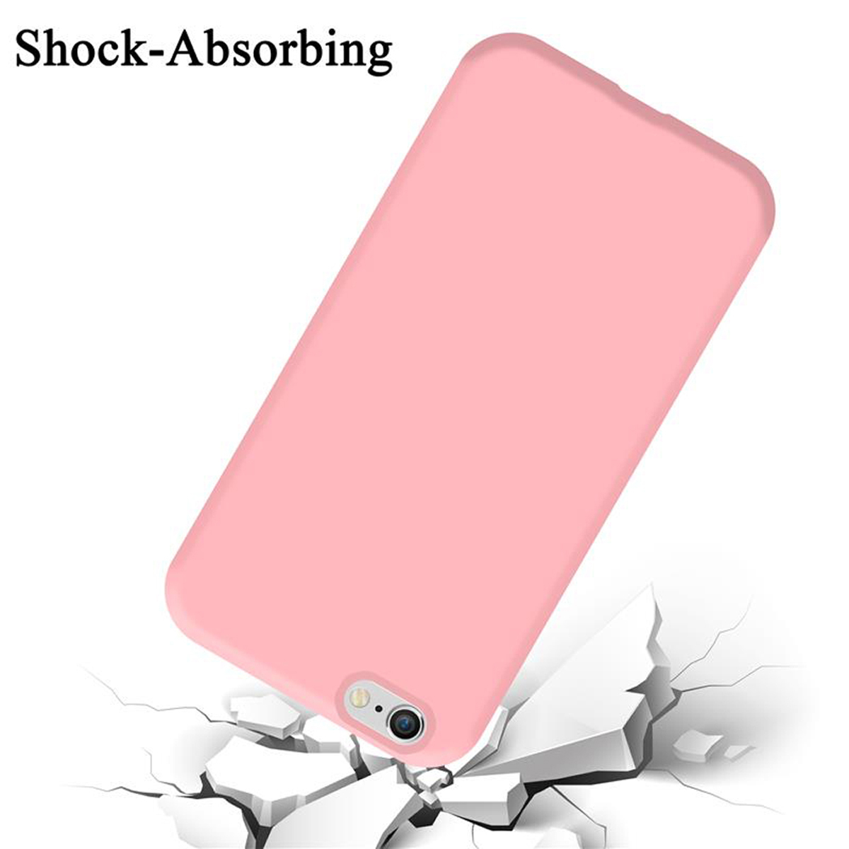 Una custodia rosa per telefono. La custodia è posizionata per mostrare la sua funzione di assorbimento degli urti.