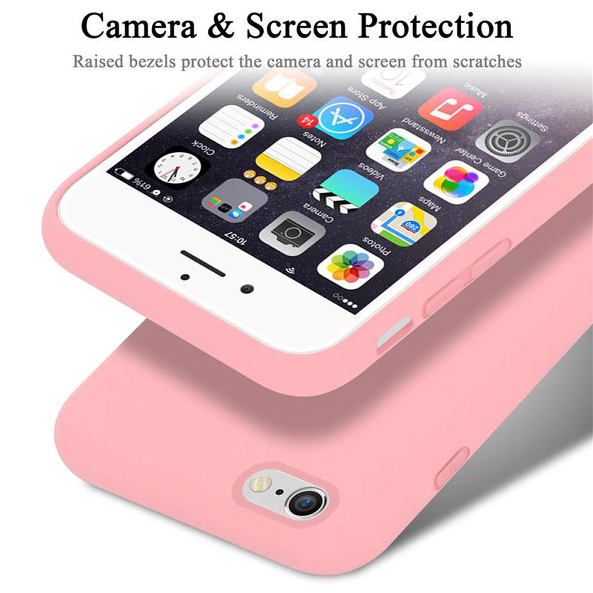 Una custodia per telefono rosa con un telefono all'interno, con il testo 'Protezione fotocamera e schermo'. Ci sono icone di app sullo schermo.