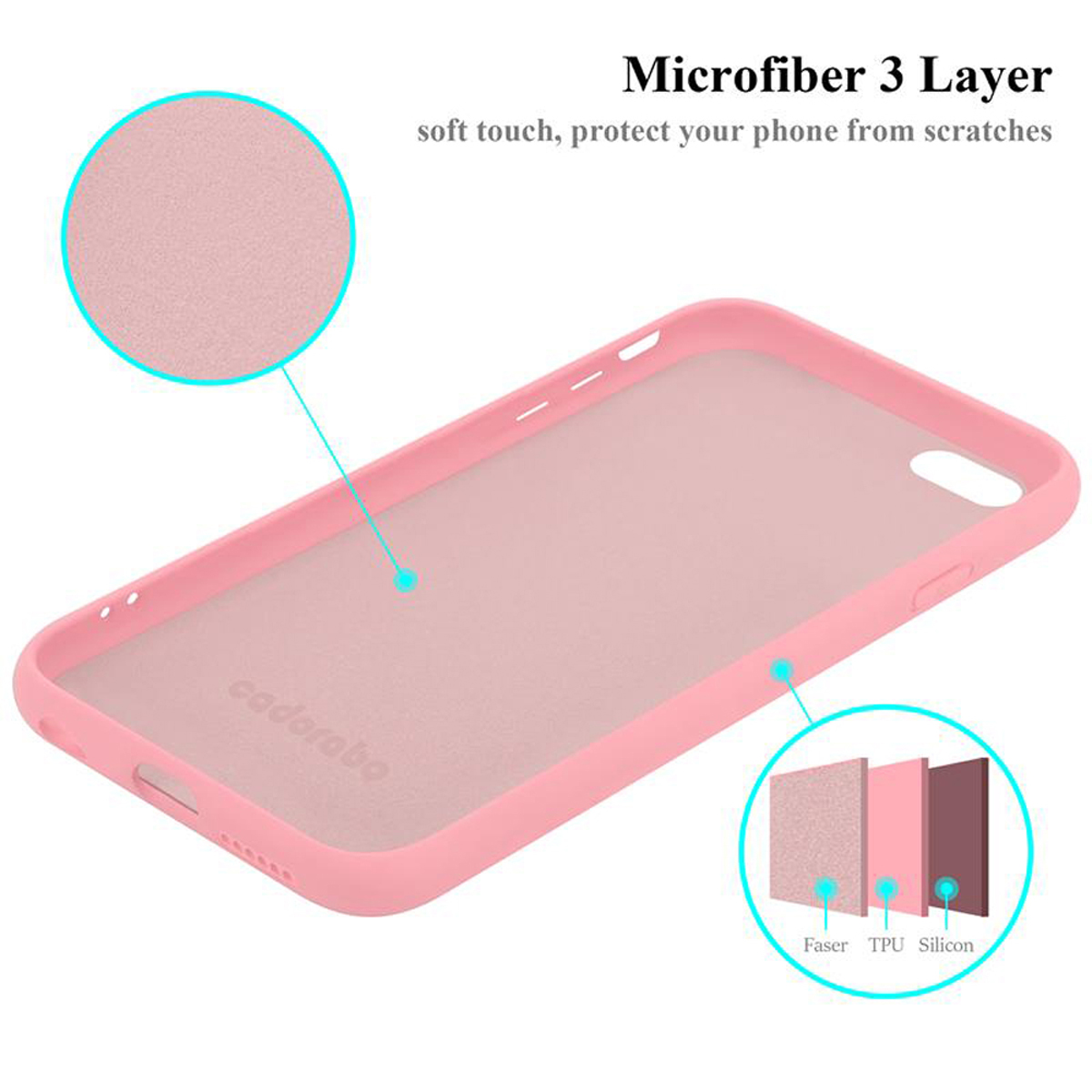 Custodia rosa per telefono che mostra i livelli: Faser, TPU e Silicone.