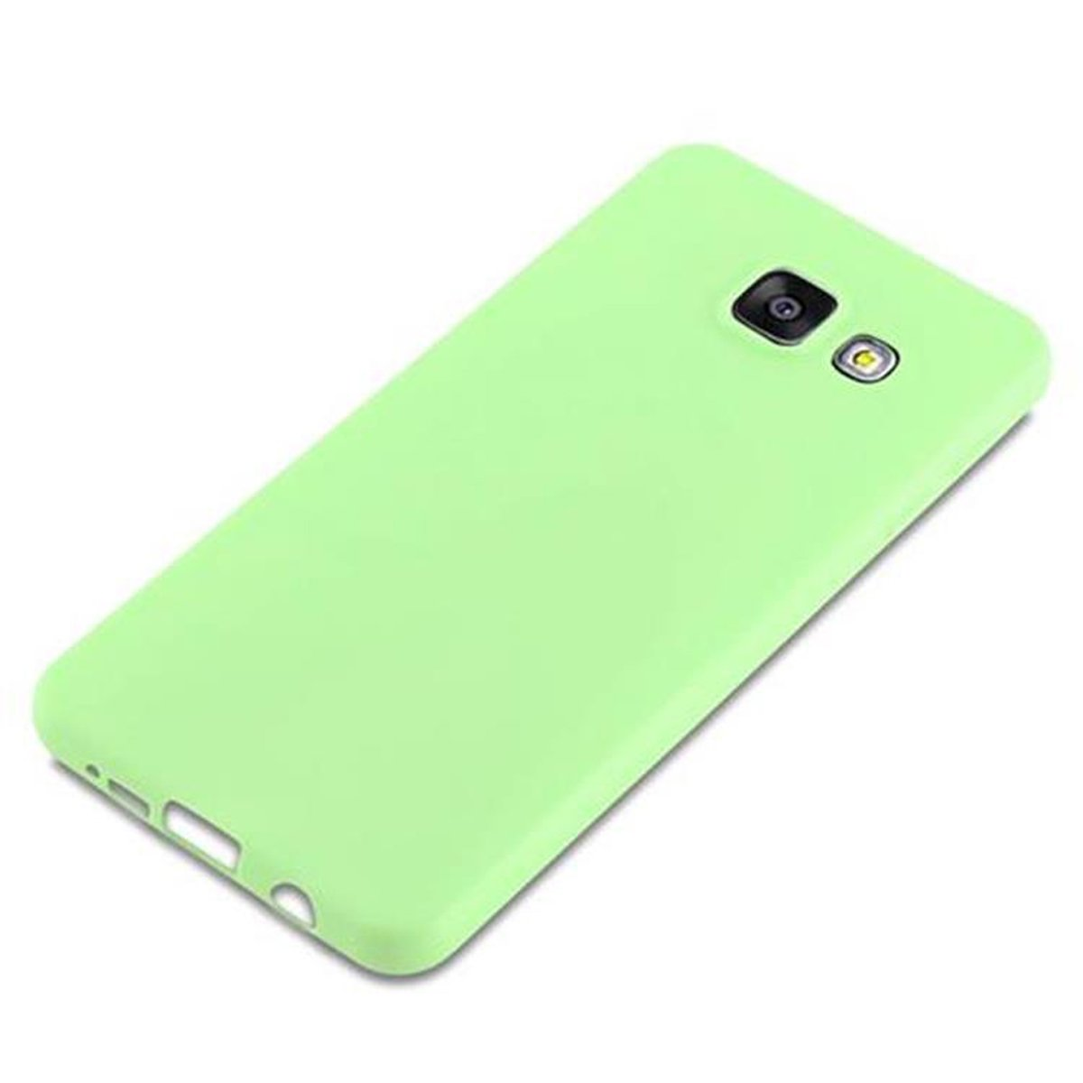 Una custodia per telefono verde chiaro è mostrata su una superficie bianca.