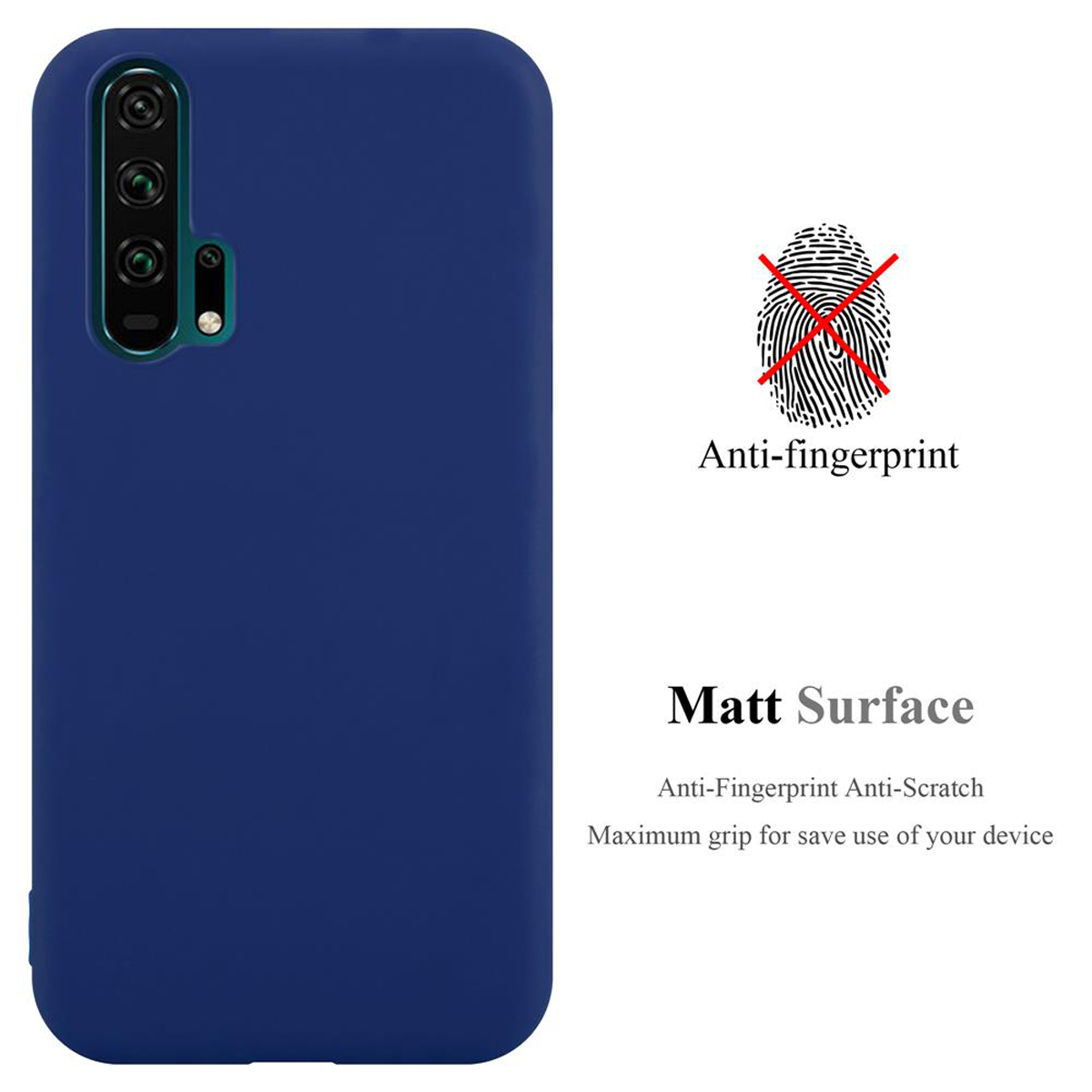 Custodia blu con superficie opaca e funzione anti-impronta, con un telefono all'interno.