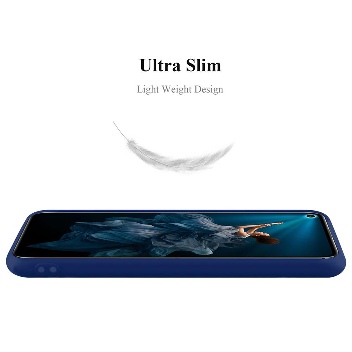 Una custodia per telefono blu scuro. Lo schermo mostra una donna con un vestito blu. Testo: 'Ultra Slim, Light Weight Design'.