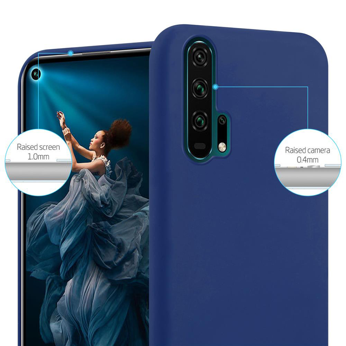 Custodia blu per telefono con testo. Il testo mostra la protezione della fotocamera e dello schermo con misure.