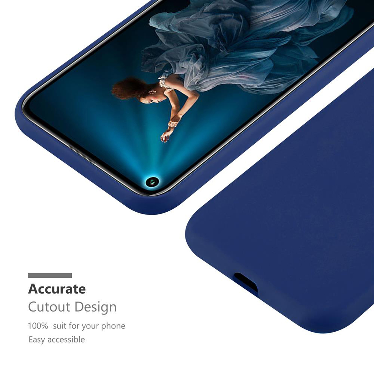 Custodia blu per telefono con schermo che mostra una donna e testo che descrive il design.