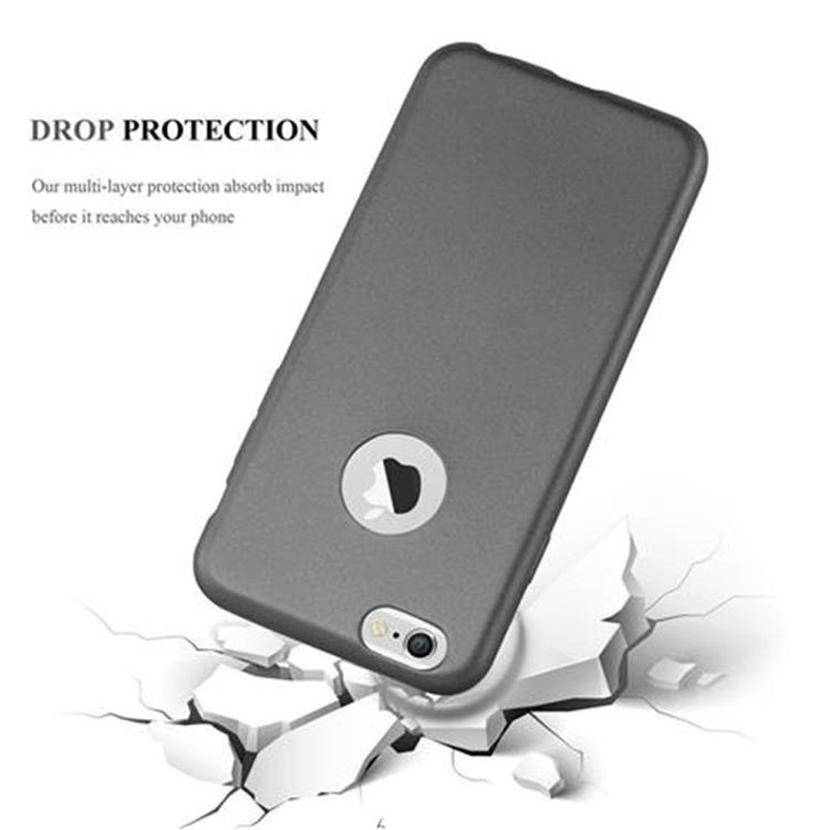 Dunkelgraue Handyhülle, schräg auf weißer, zerbrochener Oberfläche. Text: 'Drop protection'.
