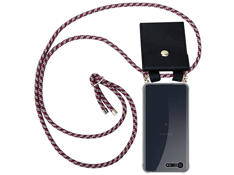 CADORABO Handy Kette mit Gold Ringen, Kordel Band und abnehmbarer Hülle, Backcover, Sony, Xperia X COMPACT, ROT GELB WEIß