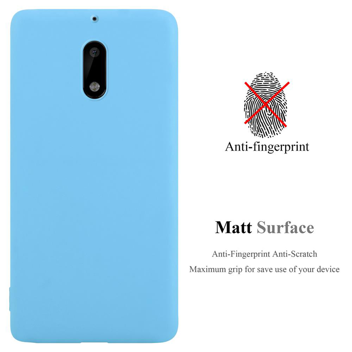 Custodia per telefono blu chiaro con il testo 'Anti-impronte digitali' e 'Superficie opaca'.