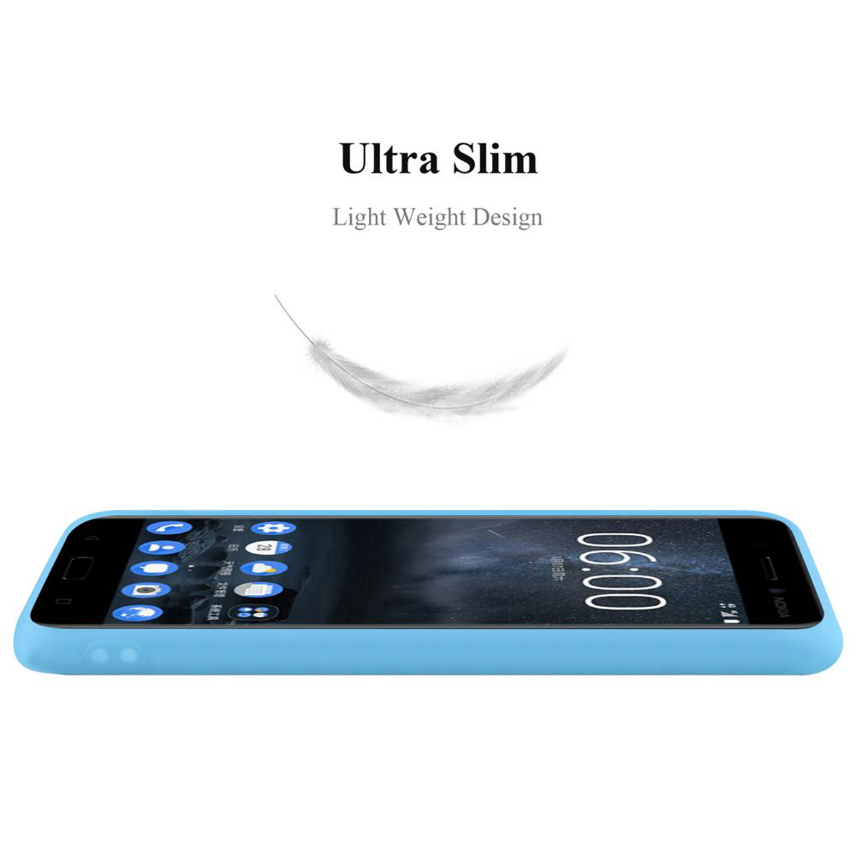 Telefono azzurro in una custodia. Una piuma fluttua sopra il telefono. È scritto Ultra Slim.